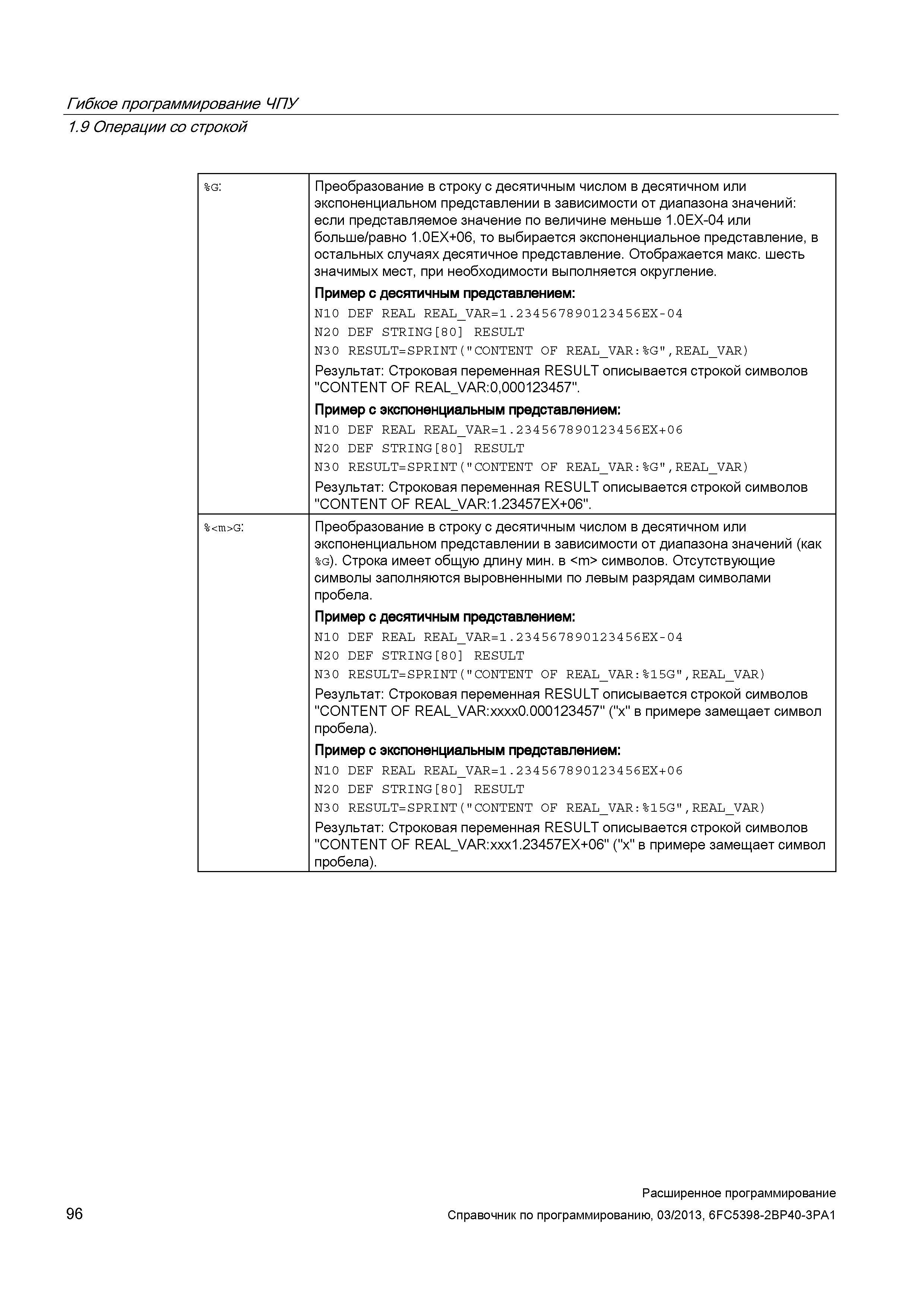 96 Гибкое программирование ЧПУ 1 9 Операции со строкой %g: Преобразование в строку с десятичным числом в десятичном или экспоненциальном представлении в зависимости от диапазона значений: если представляемое значение по величине меньше 1 0EX-04 или больше/равно 1 0EX+06, то выбирается экспоненциальное представление, в остальных случаях десятичное представление Отображается макс шесть значимых мест, при необходимости выполняется округление Пример с десятичным представлением: N10 DEF REAL REAL_V Руководство SIEMENS SINUMERIK 840D sl / 828D Расширенное программирование стоек числового программного управления (ЧПУ) металлорежущих станков вер. 2013 Стр. 96