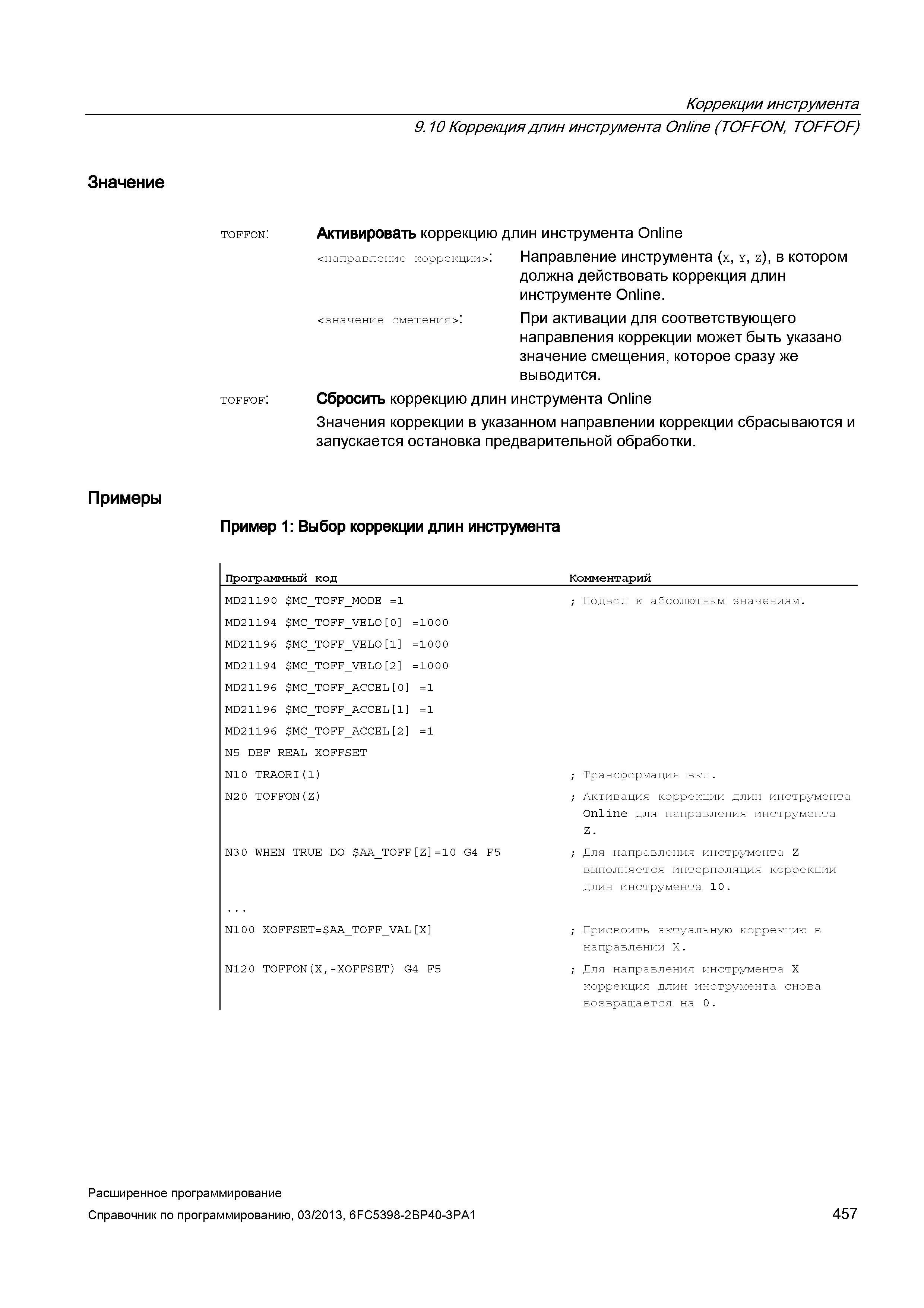 457 Коррекции инструмента 9 10 Коррекция длин инструмента Online (TOFFON, TOFFOF) Значение toffon: Активировать коррекцию длин инструмента Online <направление коррекции> : Направление инструмента (x, y, z), в котором должна действовать коррекция длин инструменте Online <значение смещения> : При активации для соответствующего направления коррекции может быть указано значение смещения, которое сразу же выводится toffof: Сбросить коррекцию длин инструмента Online Значения коррекции в указанном направлении коррекции сбрасываются и запускается остановка предварительной обработки Примеры Пример 1: Выбор коррекции длин инструмента Программный код Комментарий MD2119 0 MC_T Руководство SIEMENS SINUMERIK 840D sl / 828D Расширенное программирование стоек числового программного управления (ЧПУ) металлорежущих станков вер. 2013 Стр. 457