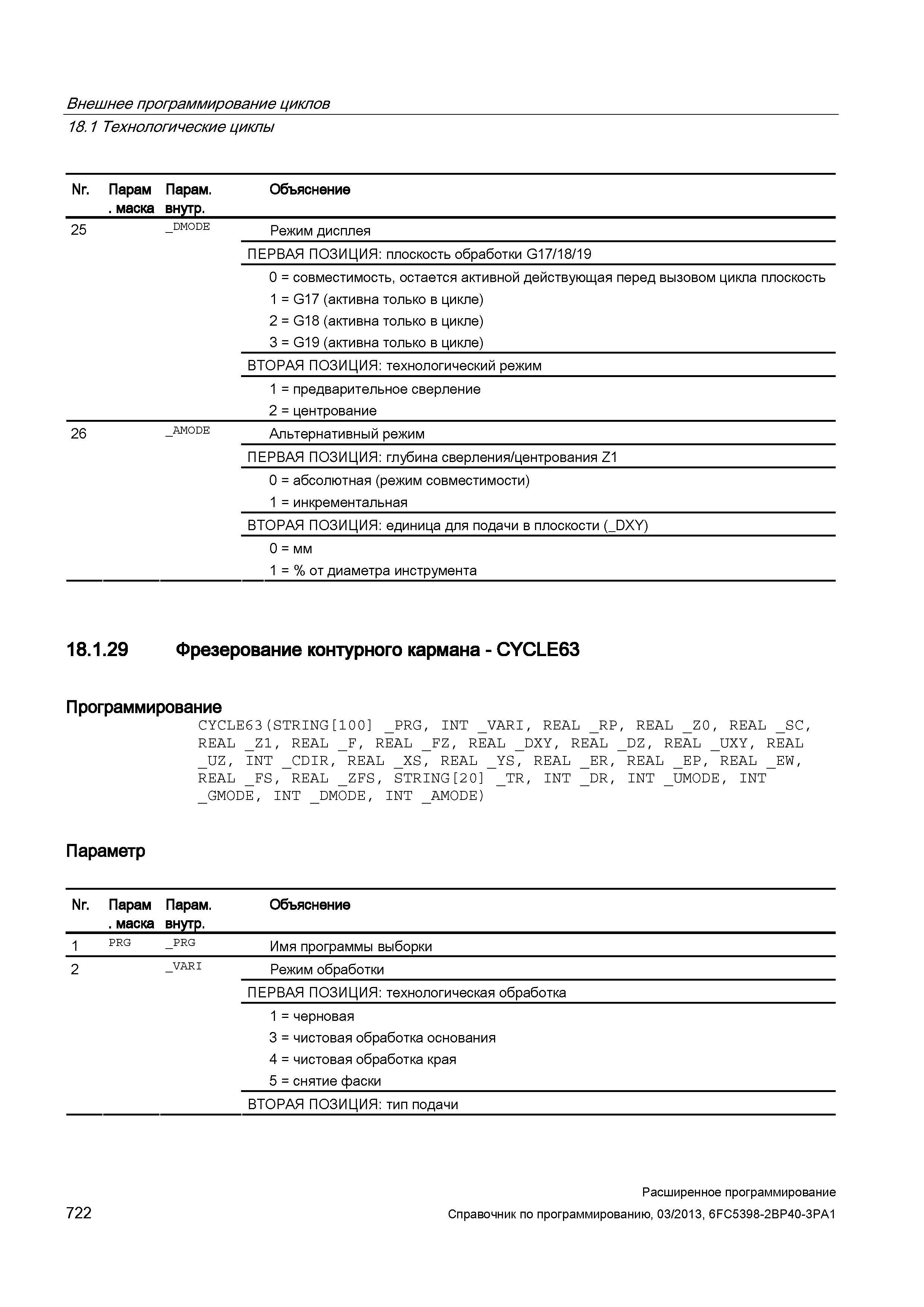 722 Внешнее программирование циклов 18 1 Технологические циклы Nr Парам маска Парам внутр Объяснение 25 _DMO Руководство SIEMENS SINUMERIK 840D sl / 828D Расширенное программирование стоек числового программного управления (ЧПУ) металлорежущих станков вер. 2013 Стр. 722