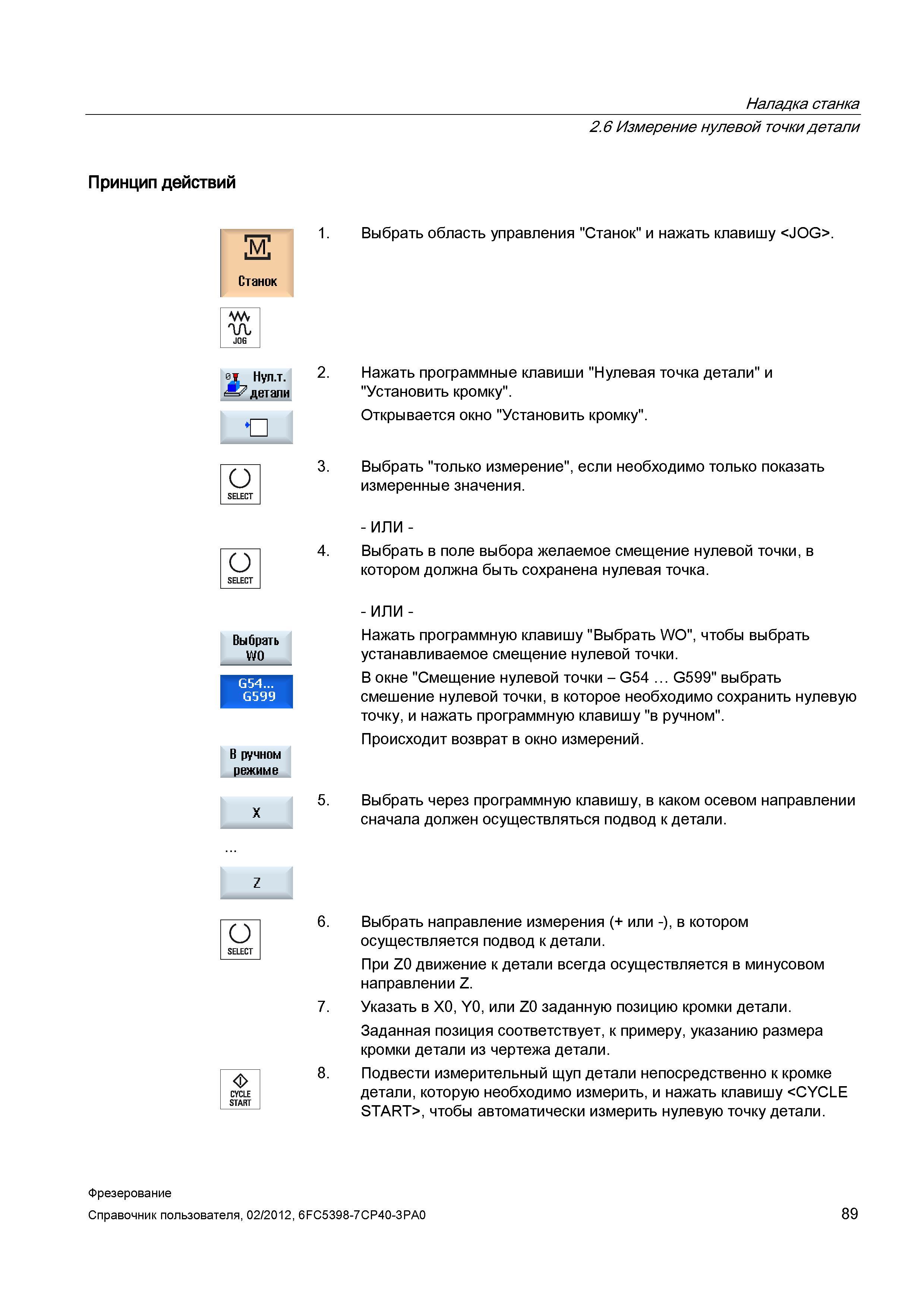 89 В окне Смещение нулевой точки - G54 G599 выбрать смешение нулевой точки, в которое необходимо сохранить нулевую точку, и нажать программную Справочник пользователя SIEMENS 840D sl 828D SINUMERIK Фрезерная обработка Системы числового программного управления станками СЧПУ Версия 2012 Стр. 89