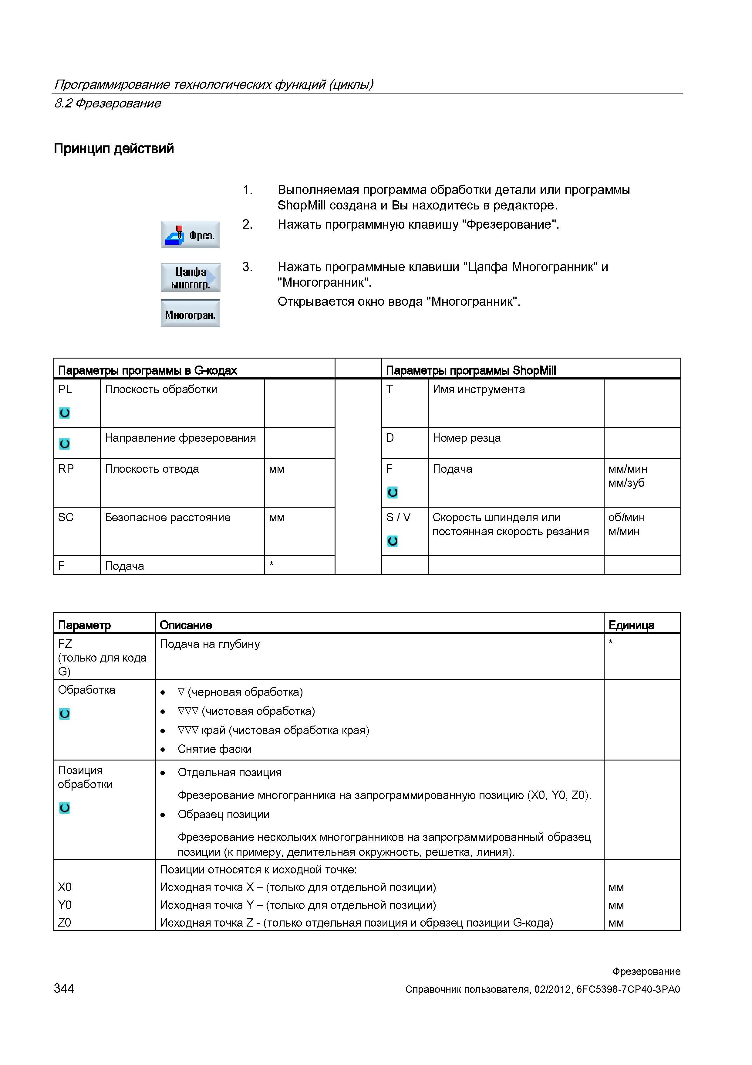 344 Образец позиции Фрезерование нескольких многогранников на запрограммированный образец позиции (к примеру, делительная окружность, решетка, л Справочник пользователя SIEMENS 840D sl 828D SINUMERIK Фрезерная обработка Системы числового программного управления станками СЧПУ Версия 2012 Стр. 344