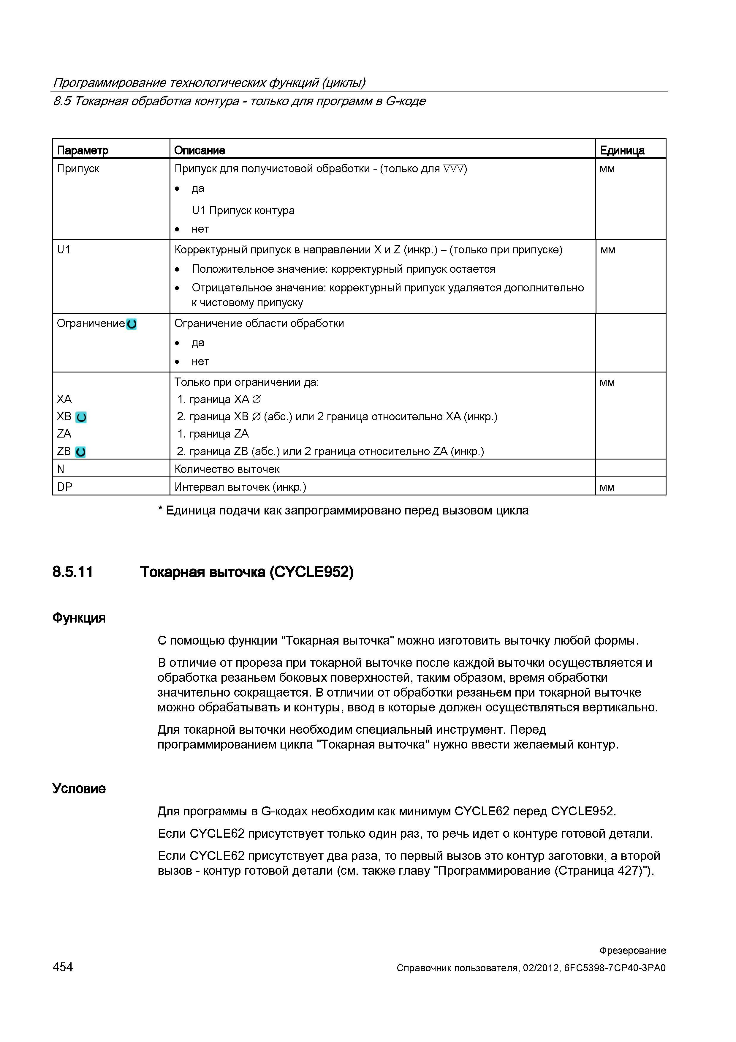454 С помощью функции Токарная выточка можно изготовить выточку любой формы В отличие от прореза при токарной выточке после каждой выточки осуще Справочник пользователя SIEMENS 840D sl 828D SINUMERIK Фрезерная обработка Системы числового программного управления станками СЧПУ Версия 2012 Стр. 454