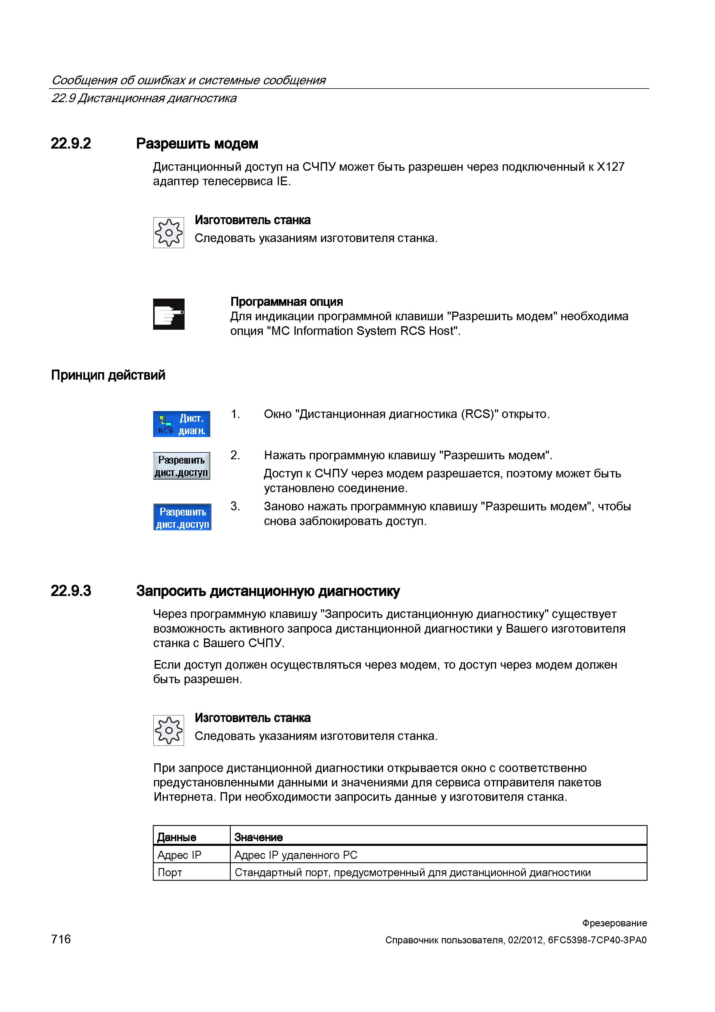 716 Дистанционный доступ на СЧПУ может быть разрешен через подключенный к X127 адаптер телесервиса IE Изготовитель станка Следовать указаниям из Справочник пользователя SIEMENS 840D sl 828D SINUMERIK Фрезерная обработка Системы числового программного управления станками СЧПУ Версия 2012 Стр. 716