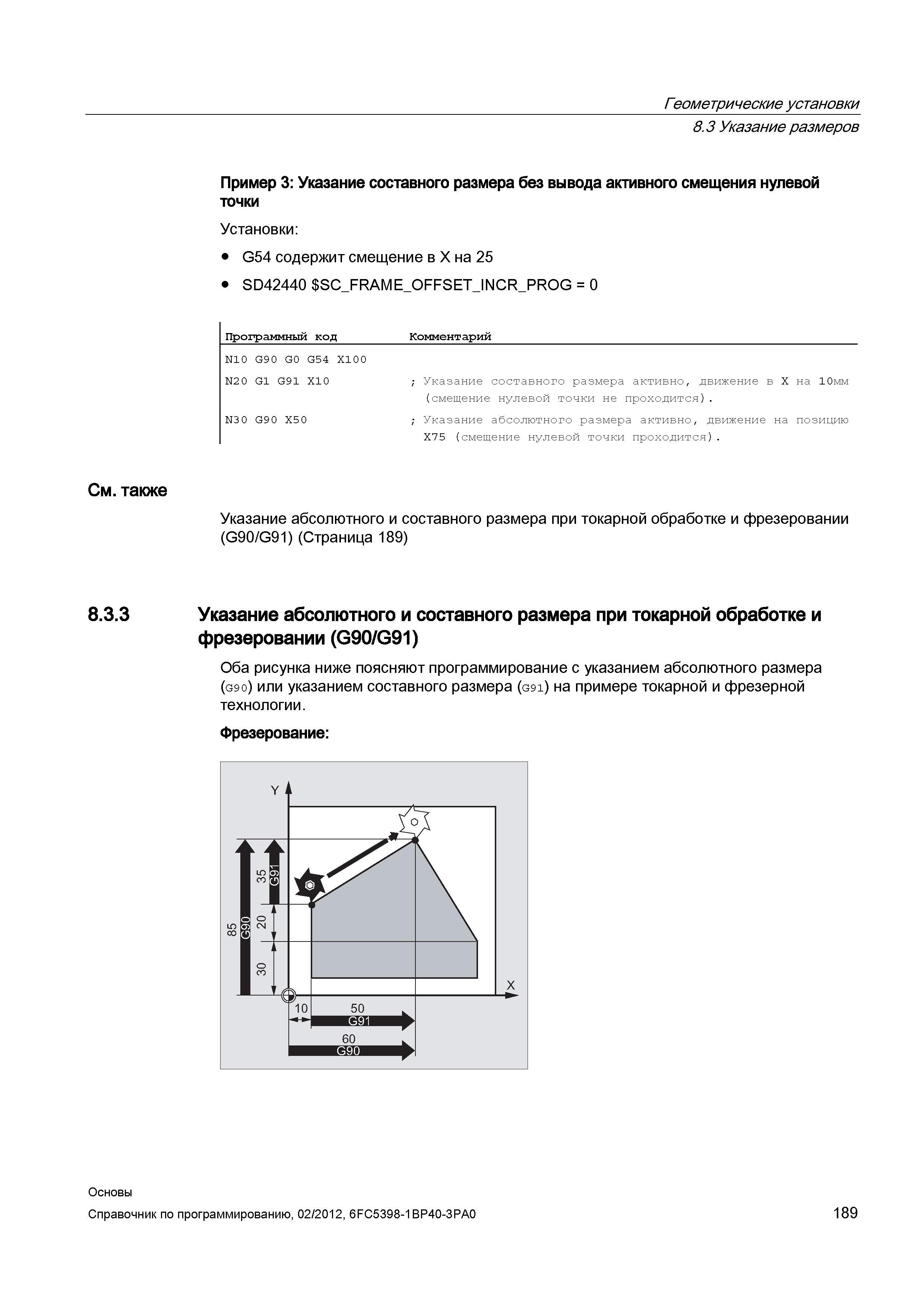 189 Указание составного размера без вывода активного смещения нулевой точки Установки G54 содержит смещение в X на 25 SD42440 SCFRAMEOFFSETINCRP Справочник SIEMENS 2012 Пользователя Основы программирования стоек ЧПУ Sinumerik 840D sl 828D Металлообрабатывающее оборудование Стр. 189