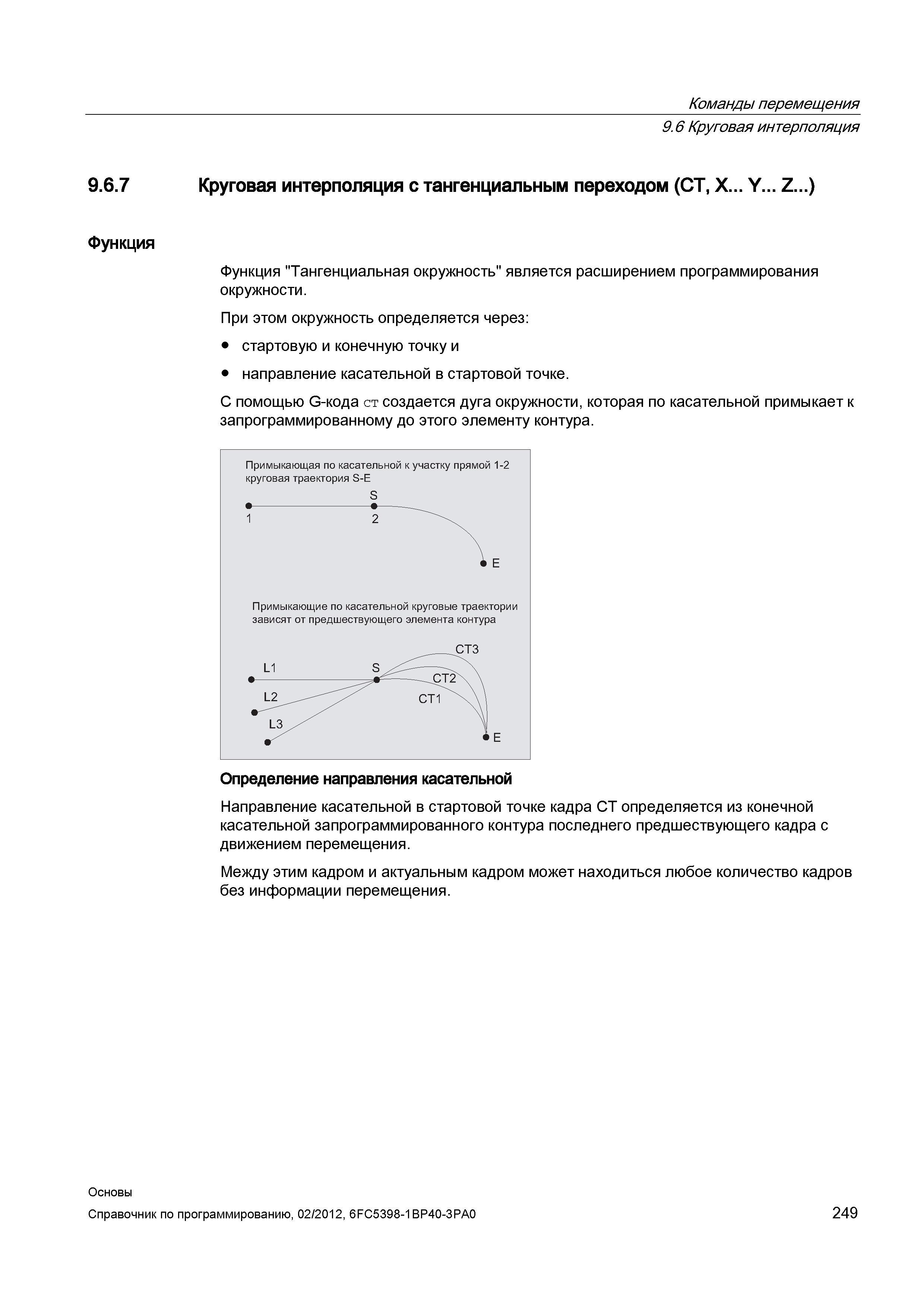 249 Функция Тангенциальная окружность является расширением программирования окружности При этом окружность определяется через стартовую и конечн Справочник SIEMENS 2012 Пользователя Основы программирования стоек ЧПУ Sinumerik 840D sl 828D Металлообрабатывающее оборудование Стр. 249