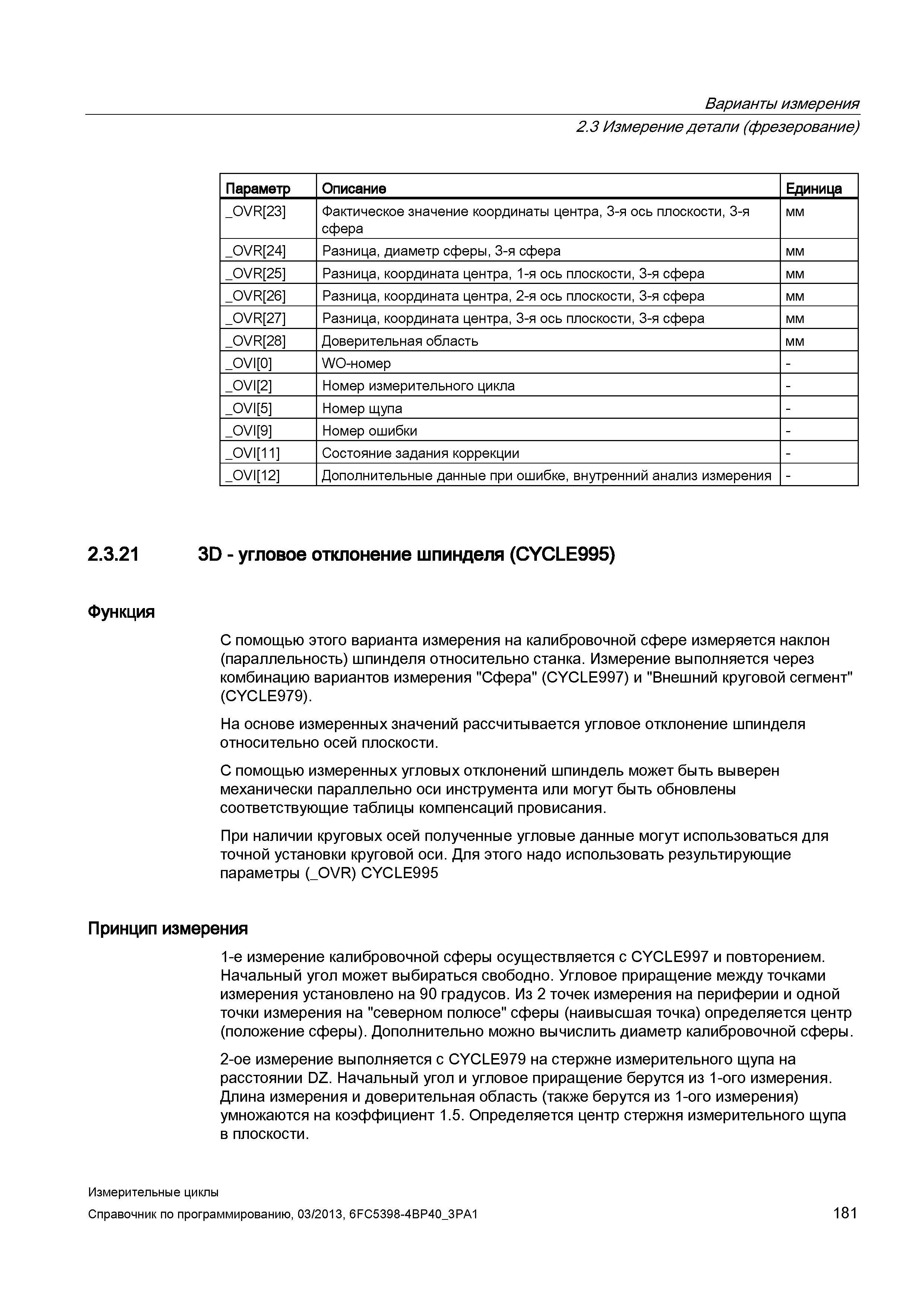 181 Варианты измерения 2 3 Измерение детали (фрезерование) Параметр Описание Единица _OVR 23 Фактическое значение координаты центра, 3-я ось плоскост Руководство SIEMENS SINUMERIK 840D sl / 828D Программирование измерительных циклов числового программного управления (ЧПУ) металлорежущих станков Вер. 2013 Стр. 181