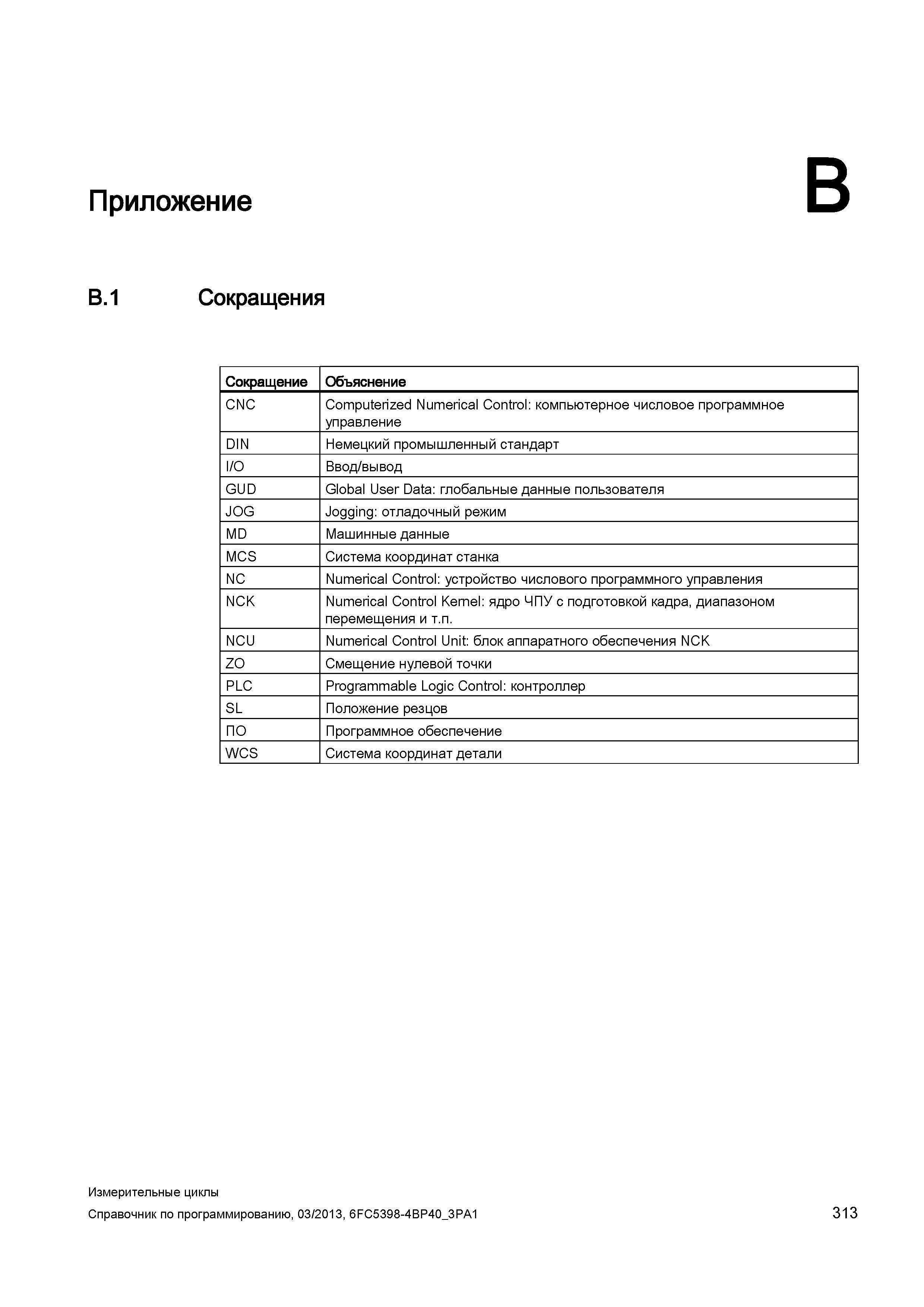 313 Приложение в B 1 Сокращения Сокращение Объяснение CNC Computerized Numerical Control: компьютерное числовое программное управление DIN Немецкий п Руководство SIEMENS SINUMERIK 840D sl / 828D Программирование измерительных циклов числового программного управления (ЧПУ) металлорежущих станков Вер. 2013 Стр. 313