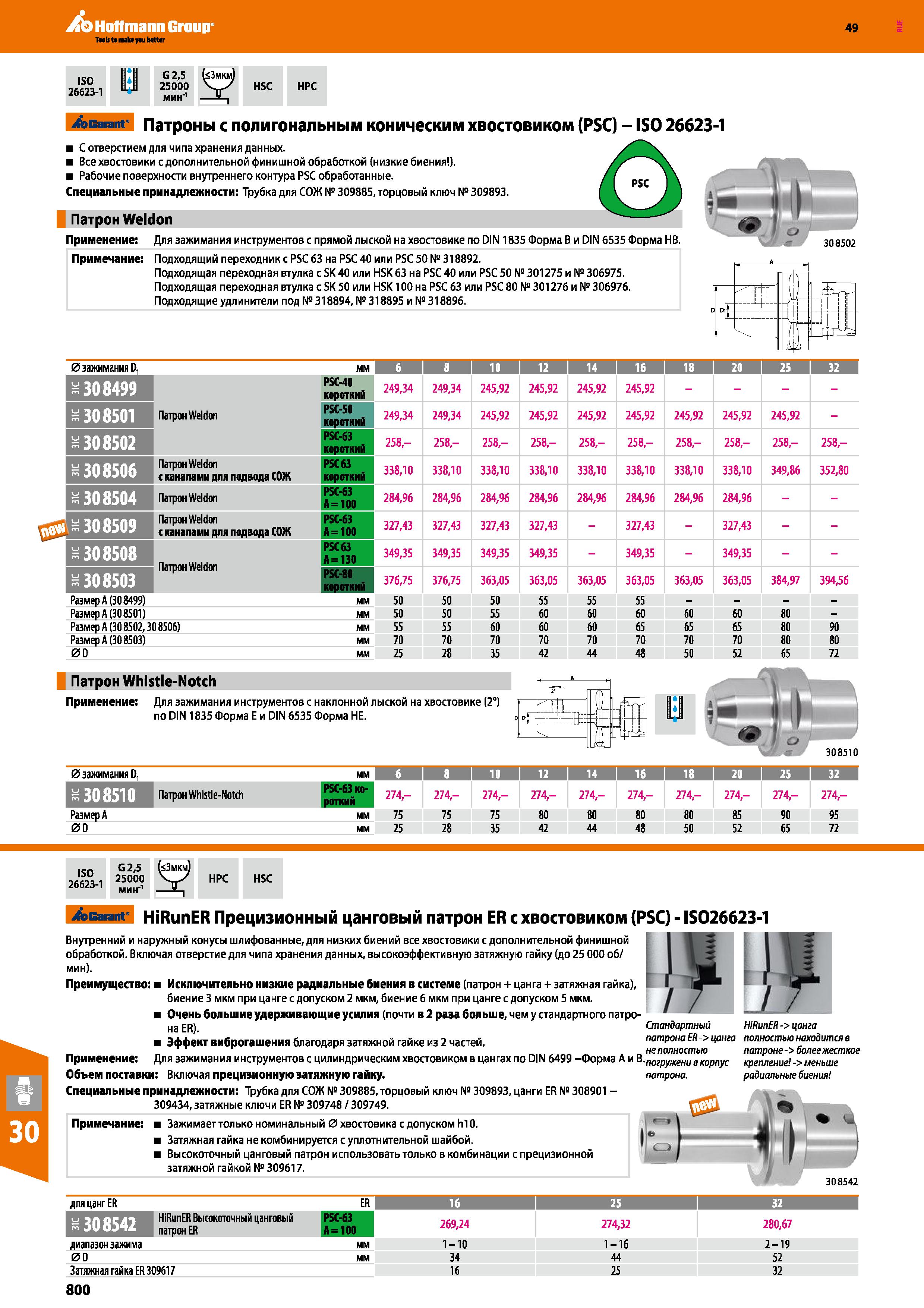 800 Hoffmann Group 49 ISO 1 1 26623-1 G 2,5 (<3mkmJ 25000 V-X МИН'1 -Z- HSC HPC Garant Патроны с полигональным коническим хвостовиком (PS Каталог HOFFMANN GROUP 2018 Профессиональный режущий и вспомогательный инструмент для промышленного оборудования Сверла Фрезы Метчики Державки Стр. 800
