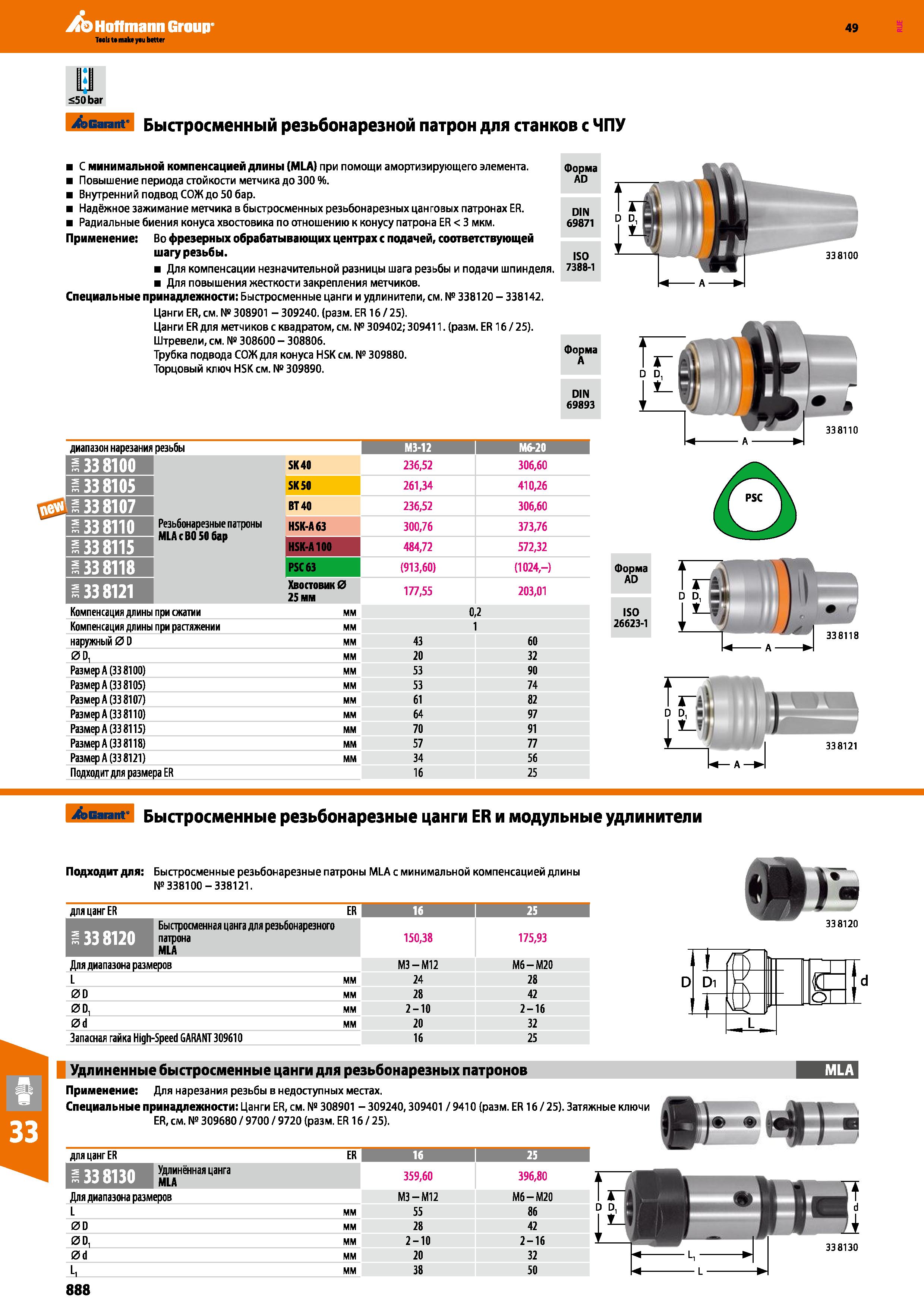 888 Hoffmann Group 49 £50 bar Garant Быстросменный резьбонарезной патрон для станков с ЧПУ С минимальной компенсацией длины (MLA) при пом Каталог HOFFMANN GROUP 2018 Профессиональный режущий и вспомогательный инструмент для промышленного оборудования Сверла Фрезы Метчики Державки Стр. 888