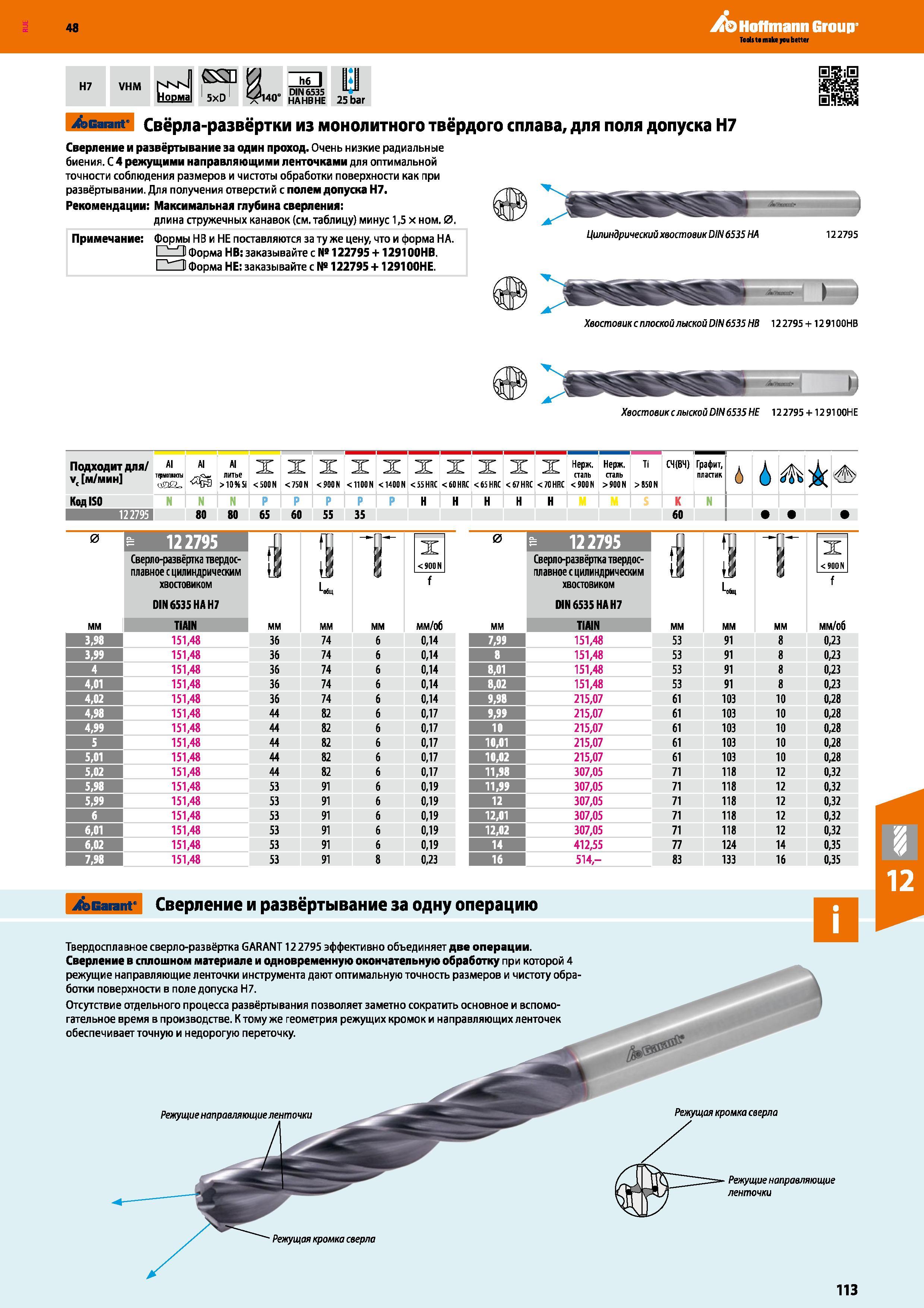 113 Спиральное твердосплавное сверло - развёртка Garant Hoffmann 12 2795 эффективно объединяет две технологические операции Сверление в сплошном материале Каталог HOFFMANN GROUP 2017 Инструмент режущий и вспомогательный для металлорежущих промышленных станков Резцы токарные Концевые твердосплавные фрезы Зажимные патроны Стр. 113