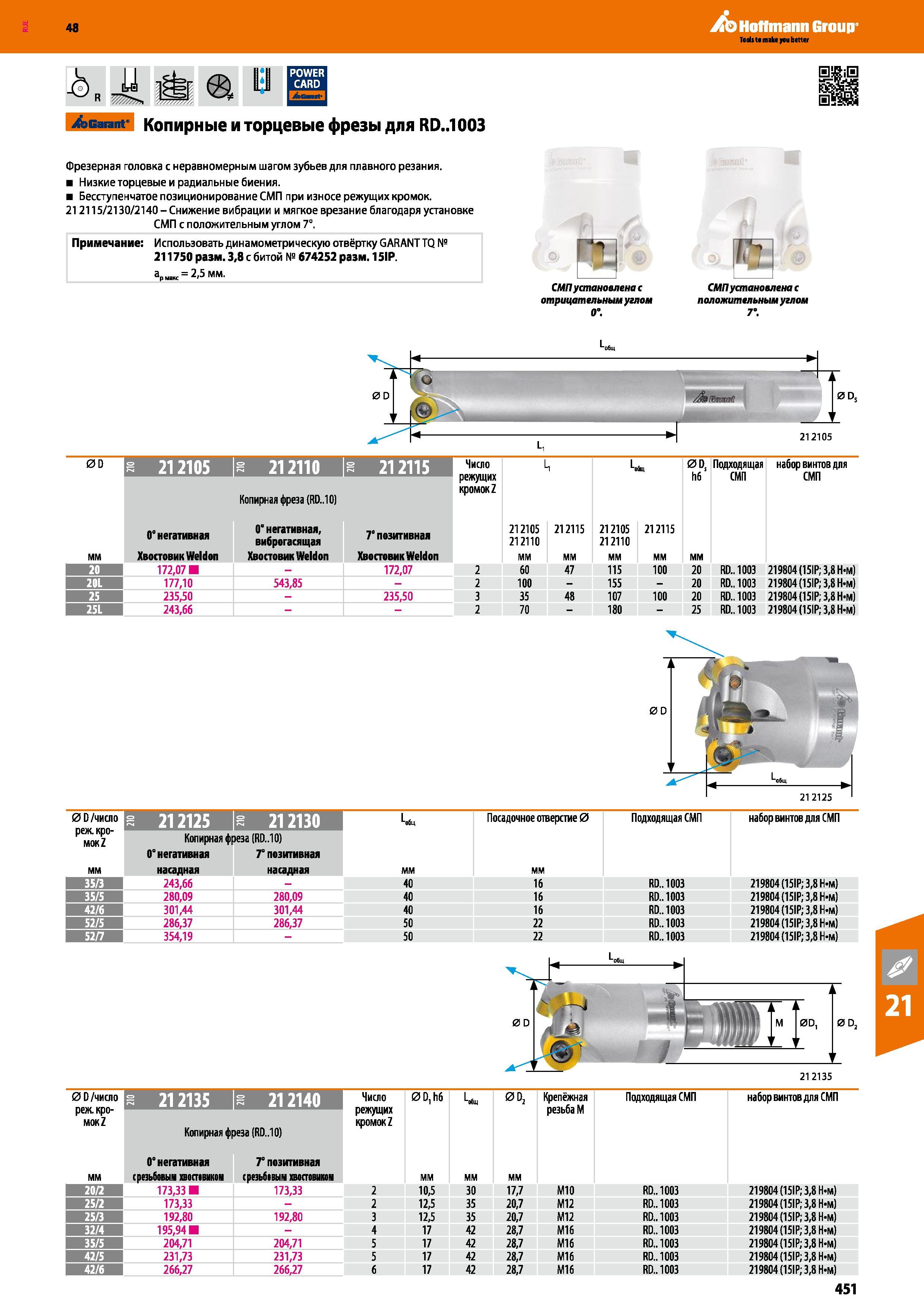 451 48 Hoffmann Group Garant Копирные и торцевые фрезы для RD 1003 Фрезерная головка с неравномерным шагом зубьев для плавного резания Низкие торцевые и р Каталог HOFFMANN GROUP 2017 Инструмент режущий и вспомогательный для металлорежущих промышленных станков Резцы токарные Концевые твердосплавные фрезы Зажимные патроны Стр. 451