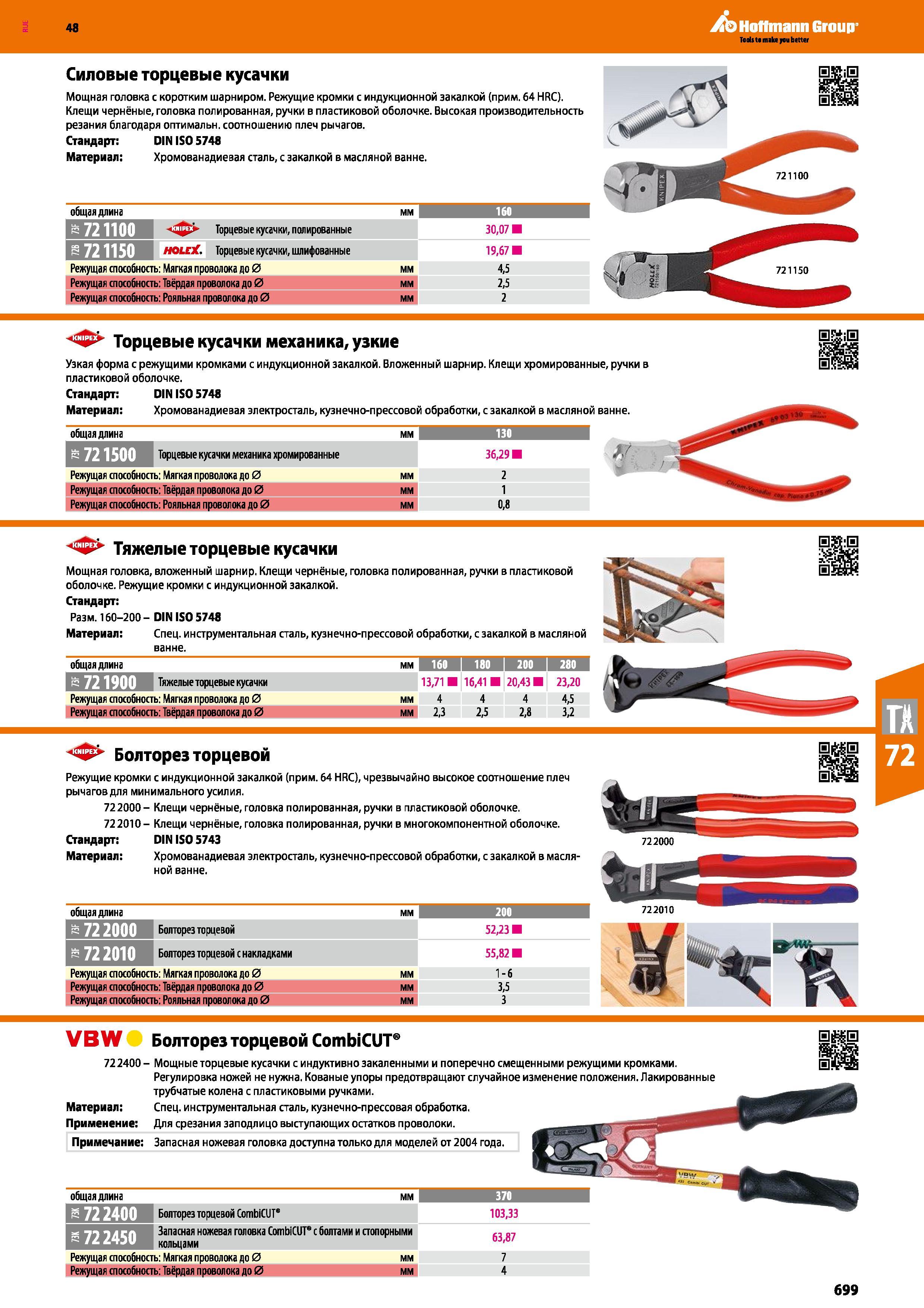 699 Силовые торцевые кусачки Мощная головка с коротким шарниром Режущие кромки с индукционной закалкой (прим 64 HRC) Клещи чернёные, головка Каталог HOFFMANN GROUP 2017 Ручной слесарно-монтажный и контрольно-измерительный инструмент для производственных предприятиий и служб сервиса Инвентарь Стр. 699