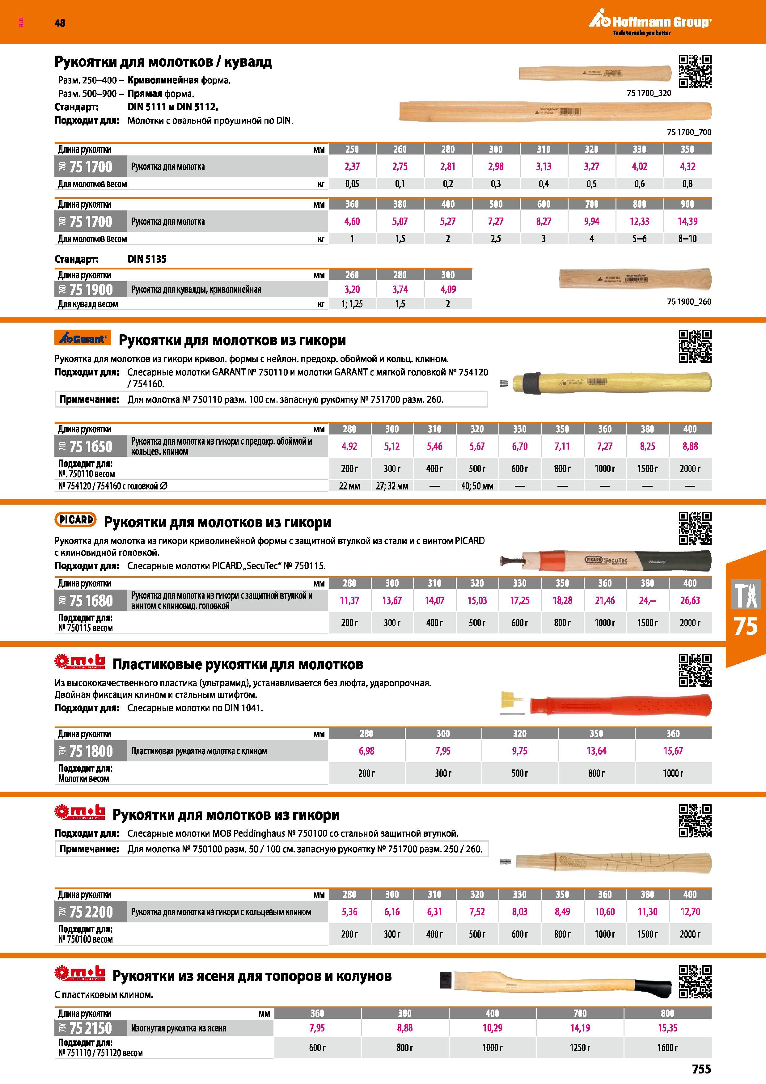 755 Рукоятки для молотков / кувалд Разм 250-400- Криволинейная форма Разм 500-900 - Прямая форма Стандарт DIN 5111 и DIN 5112 Подходит для: М Каталог HOFFMANN GROUP 2017 Ручной слесарно-монтажный и контрольно-измерительный инструмент для производственных предприятиий и служб сервиса Инвентарь Стр. 755