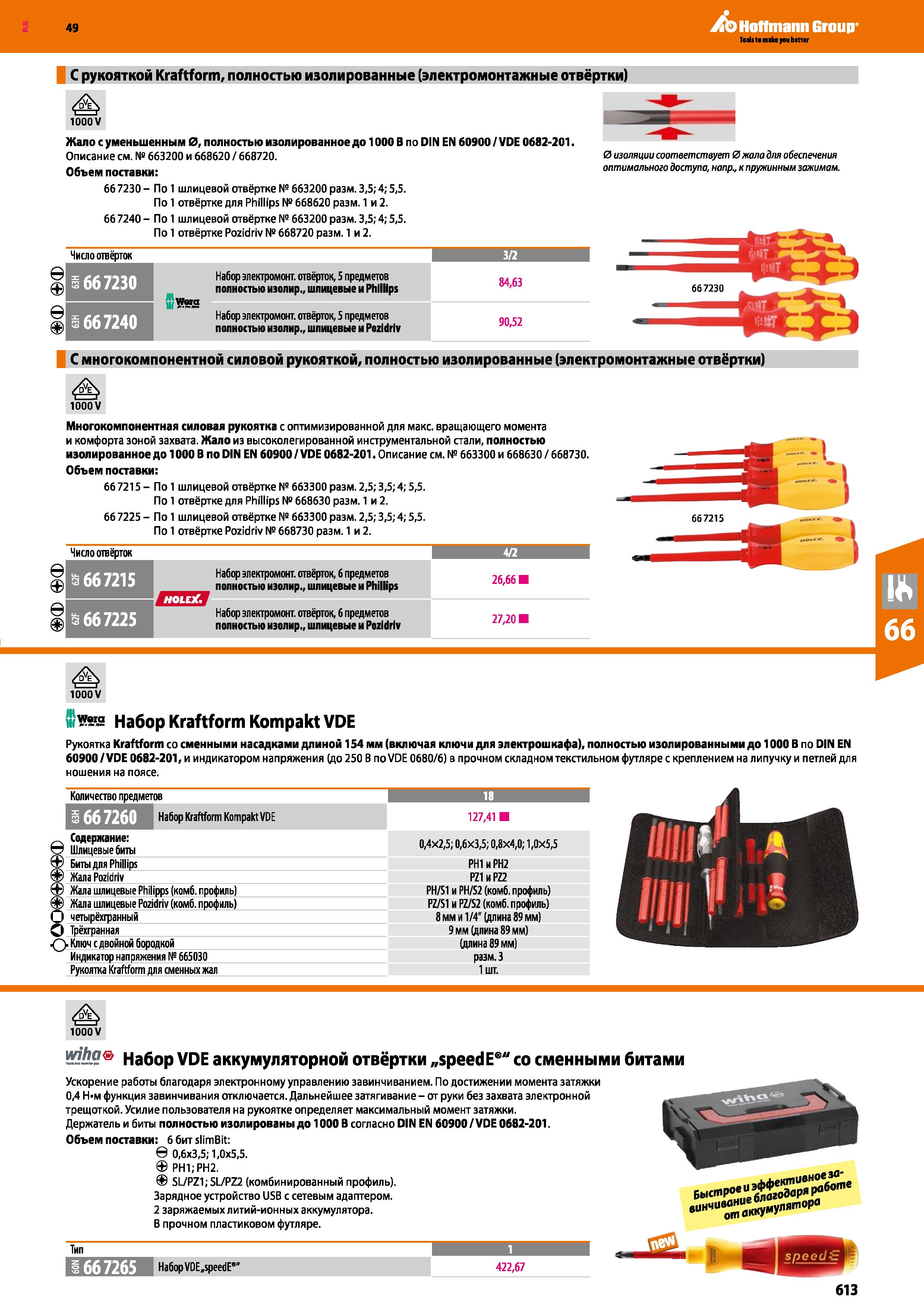 613 С рукояткой Kraftform, полностью изолированные (электромонтажные отвёртки) юоо v Жало с уменьшенным 0, полностью изолированное до 10ОО В по Каталог HOFFMANN GROUP 2018 Инструмент ручной Слесарный и механизированный Измерительные приборы и инструменты Производственный инвентарь Стр. 613