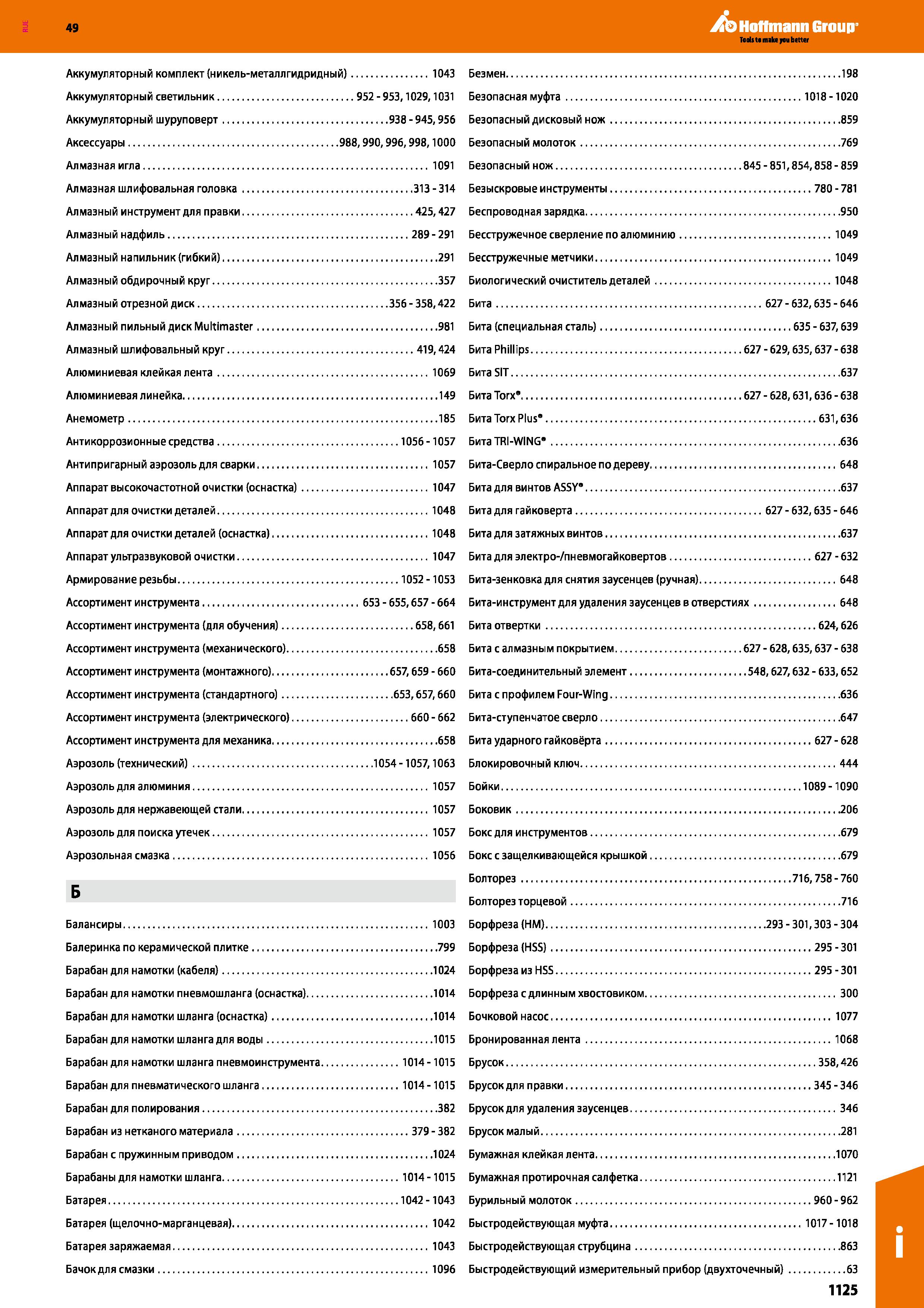 1125 Аккумуляторный комплект (никель-металлгидридный) 1043 Аккумуляторный светильник 952 - 953,1029,1031 Аккумуляторный шуруповерт 938-945,956 Ак Каталог HOFFMANN GROUP 2018 Инструмент ручной Слесарный и механизированный Измерительные приборы и инструменты Производственный инвентарь Стр. 1125