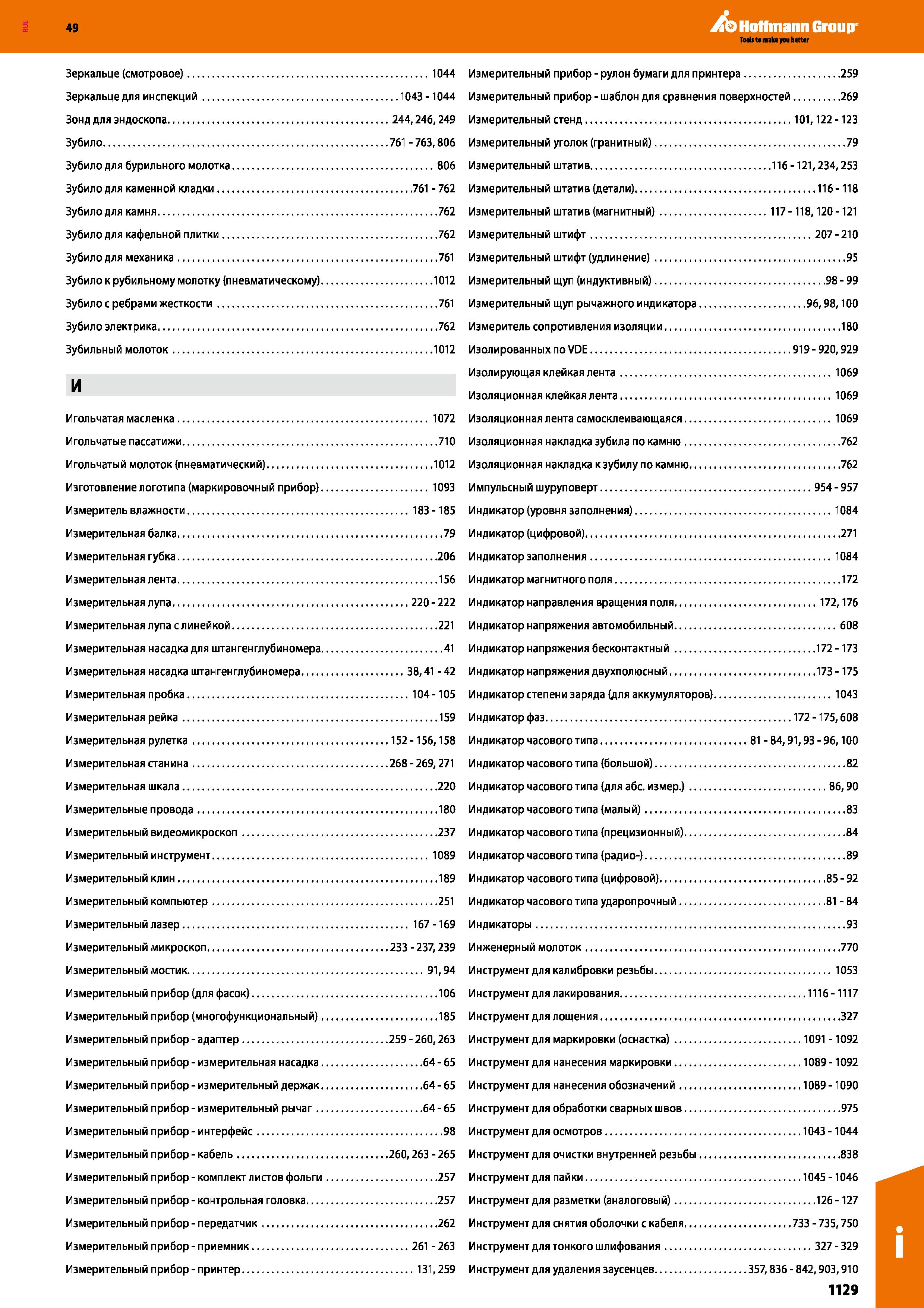 1129 Зеркальце (смотровое) 1044 Зеркальце для инспекций 1043-1044 Зонд для эндоскопа 244,246,249 Зубило 761 -763,806 Зубило для бурильного молотк Каталог HOFFMANN GROUP 2018 Инструмент ручной Слесарный и механизированный Измерительные приборы и инструменты Производственный инвентарь Стр. 1129