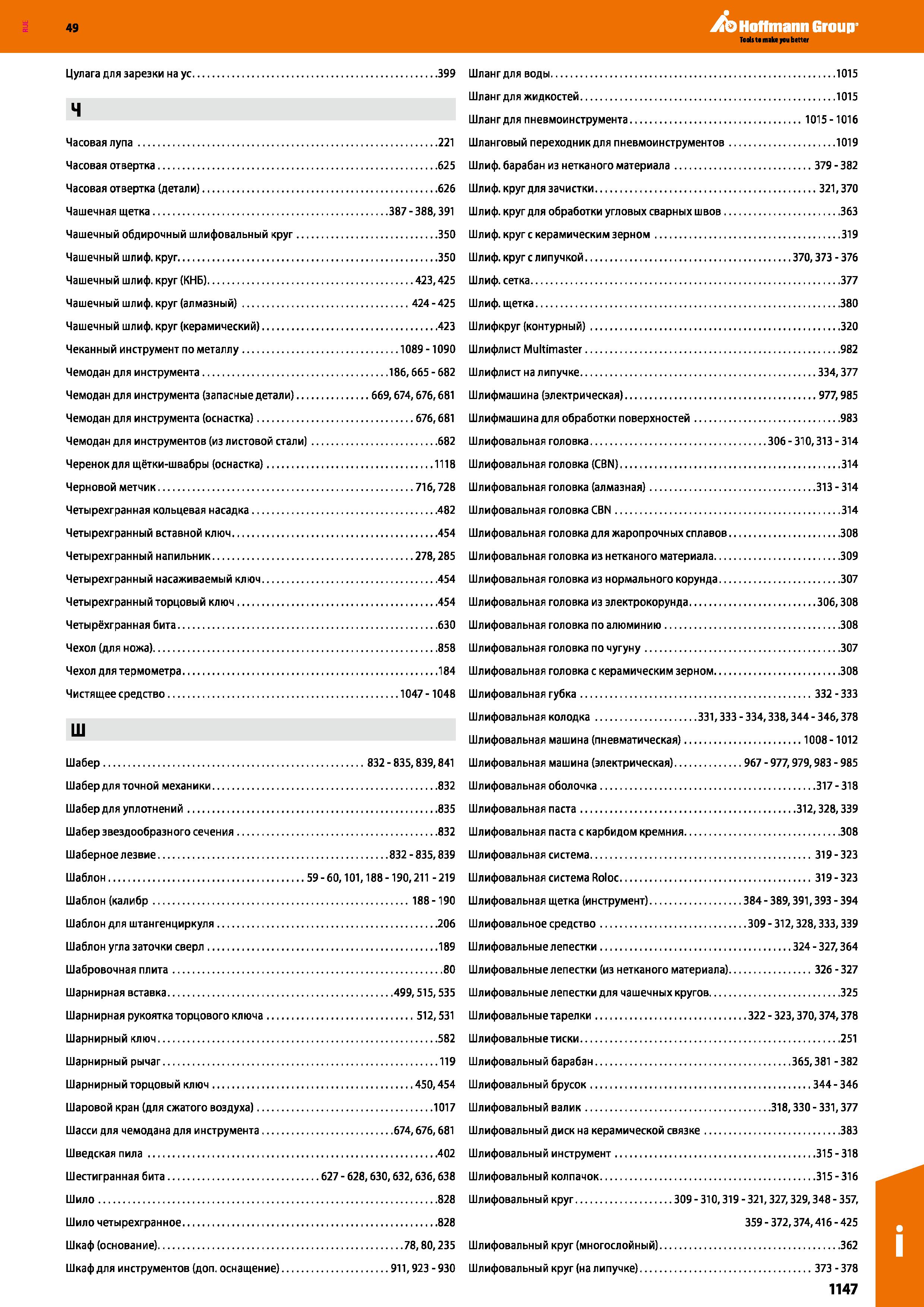 1147 Цулага для зарезки на ус 399 ч Часовая лупа 221 Часовая отвертка 625 Часовая отвертка (детали) 626 Чашечная щетка 387 - 388,391 Чашечный обд Каталог HOFFMANN GROUP 2018 Инструмент ручной Слесарный и механизированный Измерительные приборы и инструменты Производственный инвентарь Стр. 1147