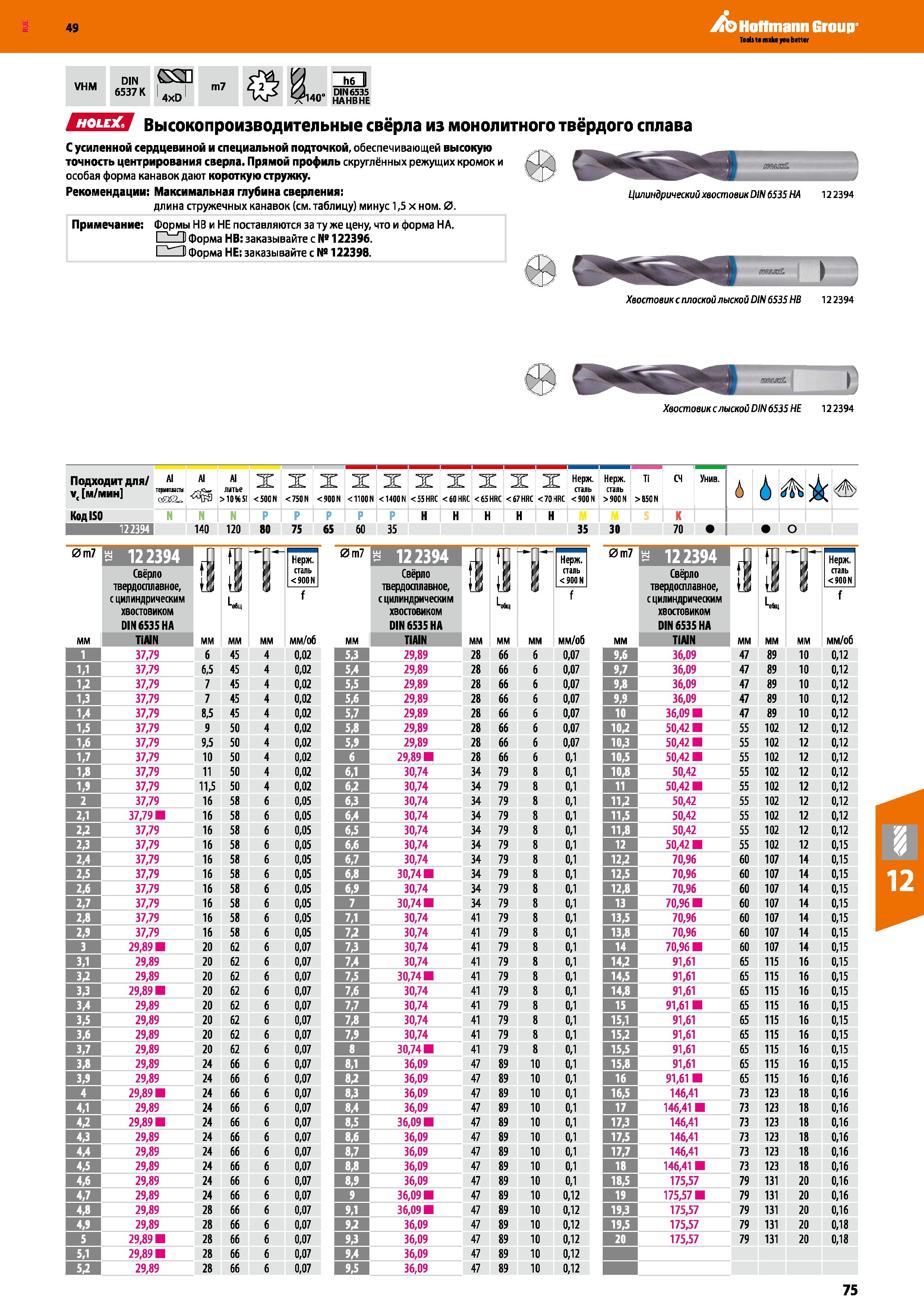 75 Hoffmann Group VHM DIN (SSH 65371K 4xD m7 Holex Высокопроизводительные свёрла из монолитного твёрдого сплава С усиленной сердцевиной Каталог HOFFMANN GROUP 2018 Профессиональный режущий и вспомогательный инструмент для промышленного оборудования Сверла Фрезы Метчики Державки Стр. 75