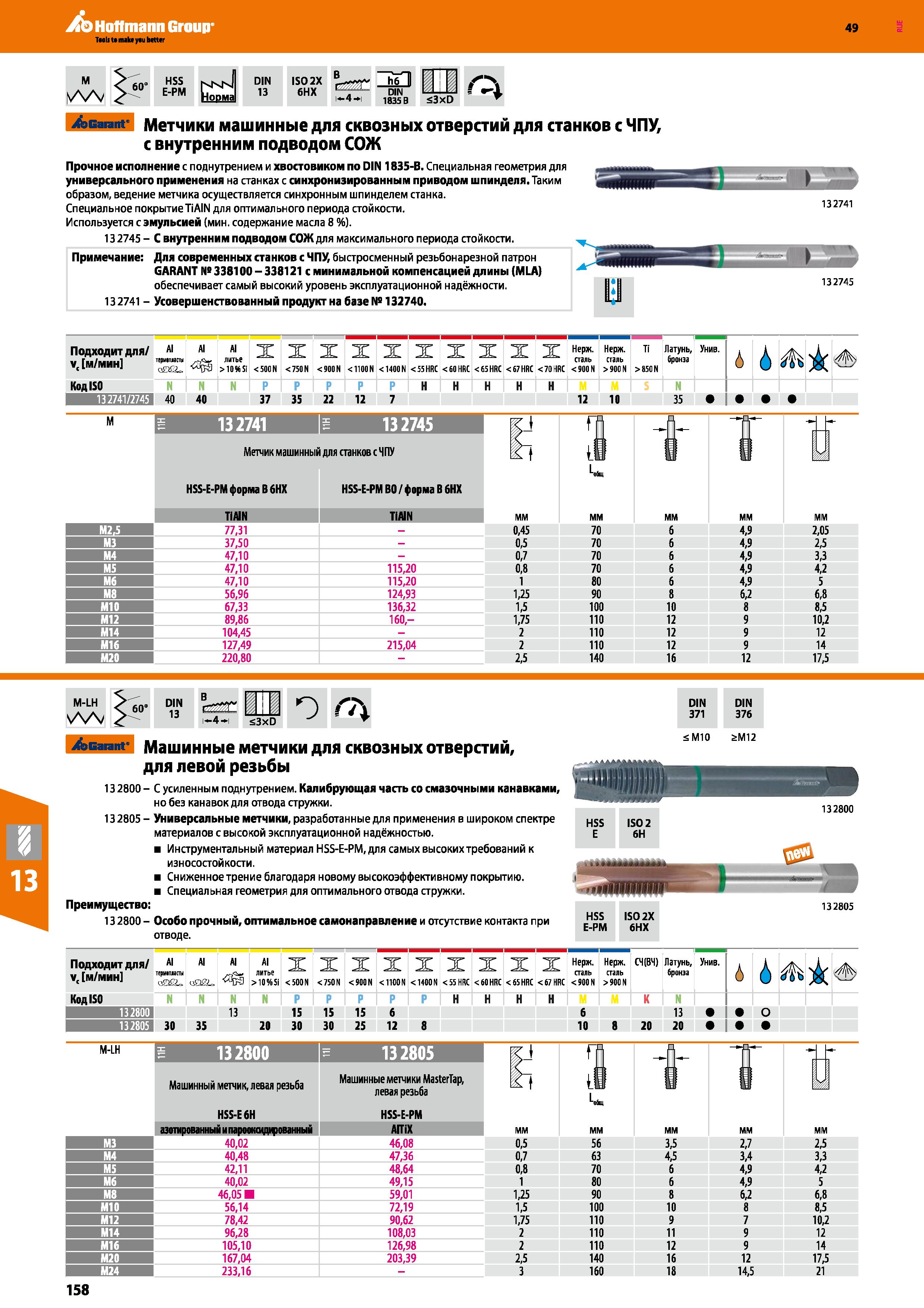 158 Hoffmann Group 49 HSS E-PM nknI Норма DIN 13 ISO 2X 6HX 4 —I h6 II DIN 1835 В S3xD Garant Метчики машинные для сквозных отверстий для Каталог HOFFMANN GROUP 2018 Профессиональный режущий и вспомогательный инструмент для промышленного оборудования Сверла Фрезы Метчики Державки Стр. 158