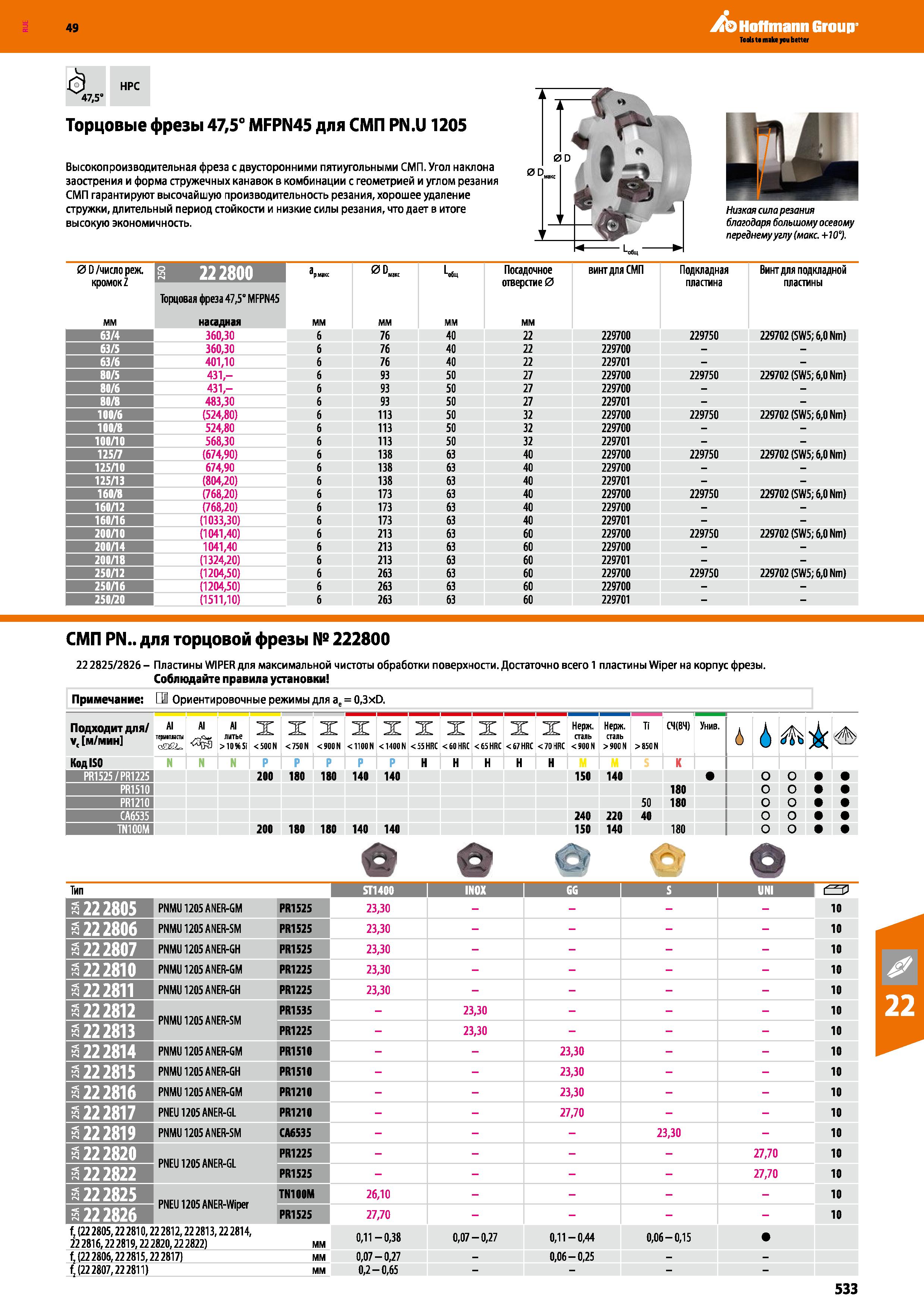 533 Hoffmann Group 47,5 HPC Торцовые фрезы 47,5° MFPN45 для СМП PN U 1205 Высокопроизводительная фреза с двусторонними пятиугольными СМП Каталог HOFFMANN GROUP 2018 Профессиональный режущий и вспомогательный инструмент для промышленного оборудования Сверла Фрезы Метчики Державки Стр. 533