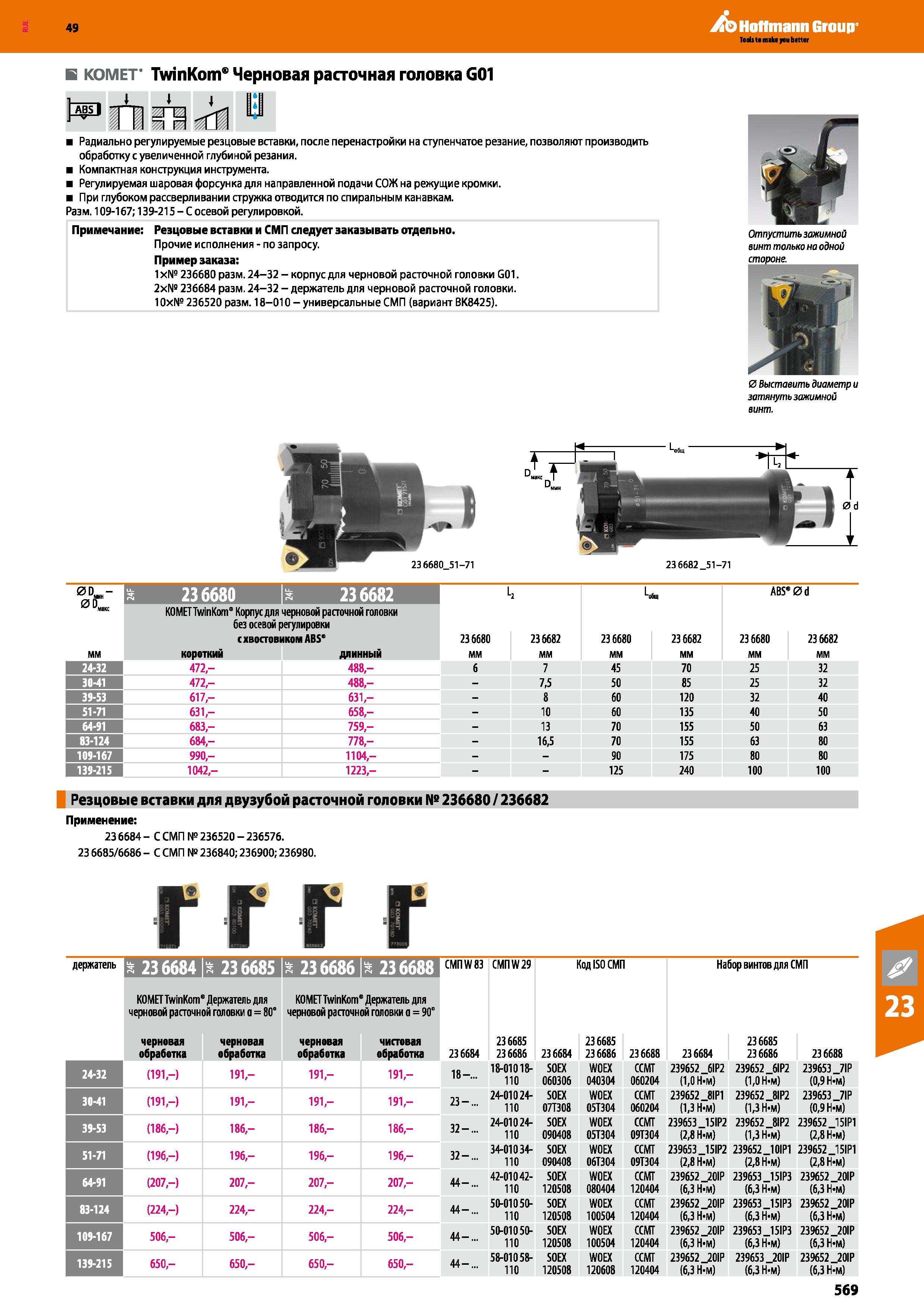 569 Hoffmann Group в KOMET GROUP TwinKom Черновая расточная головка G01 Радиально регулируемые резцовые вставки, после перенастройки на с Каталог HOFFMANN GROUP 2018 Профессиональный режущий и вспомогательный инструмент для промышленного оборудования Сверла Фрезы Метчики Державки Стр. 569