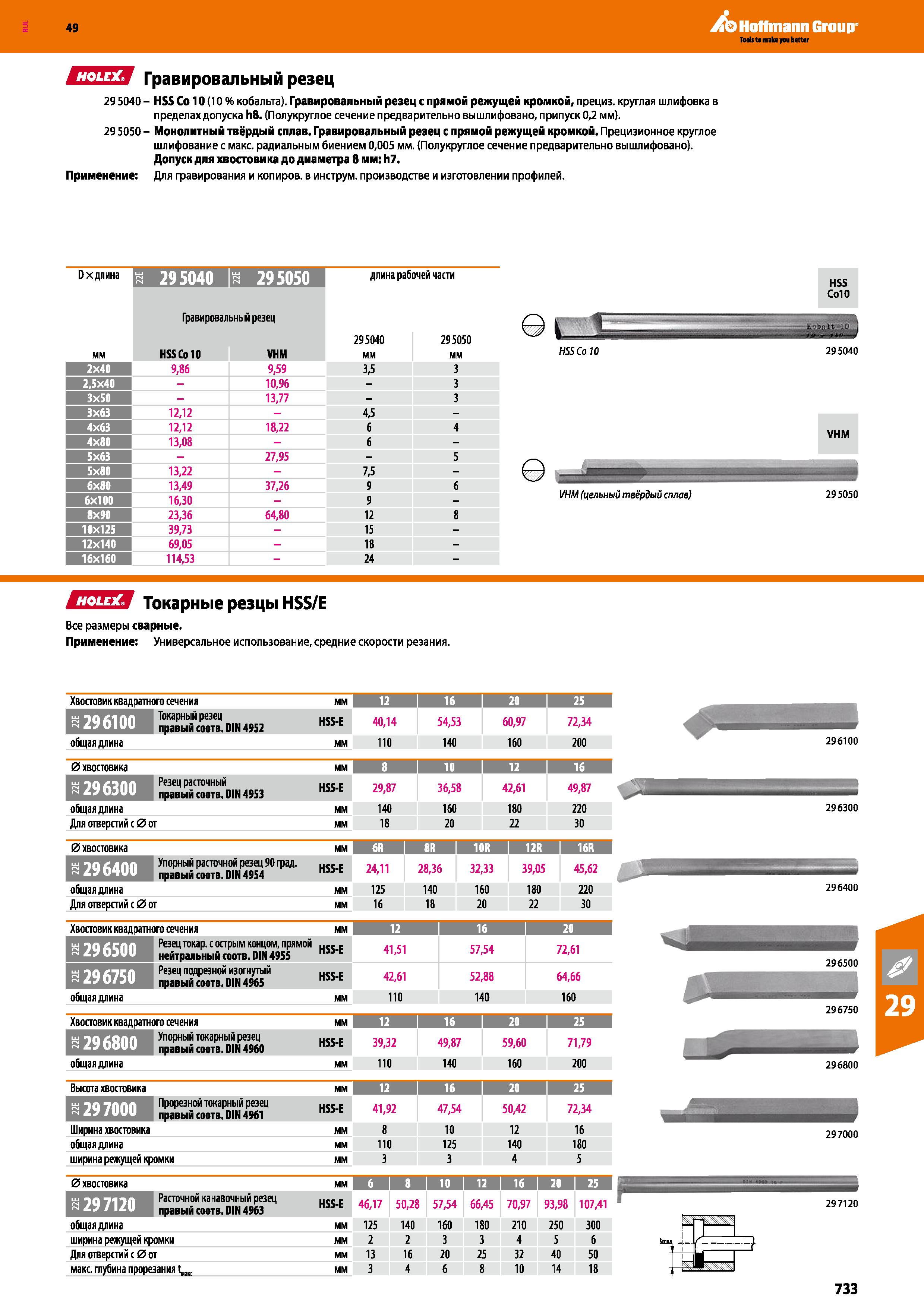 733 Hoffmann Group СПЕЯ Гравировальный резец 29 5040 - HSS Со 10 (10 % кобальта) Гравировальный резец с прямой режущей кромкой, прециз кр Каталог HOFFMANN GROUP 2018 Профессиональный режущий и вспомогательный инструмент для промышленного оборудования Сверла Фрезы Метчики Державки Стр. 733