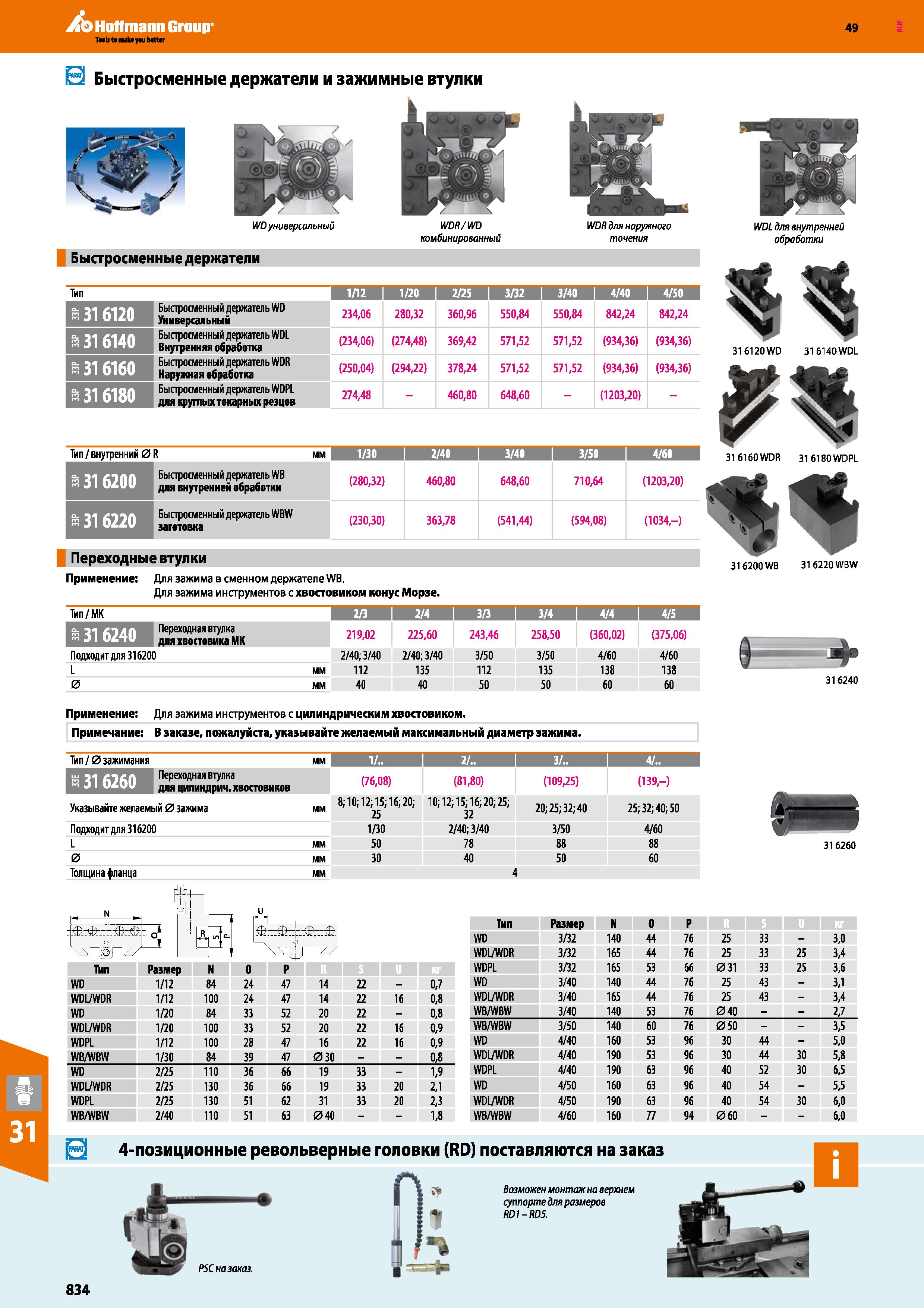 834 Hoffmann Group 49 Быстросменные держатели и зажимные втулки WD универсальный Быстросменные держатели WDR WD комбинированный WDR для н Каталог HOFFMANN GROUP 2018 Профессиональный режущий и вспомогательный инструмент для промышленного оборудования Сверла Фрезы Метчики Державки Стр. 834