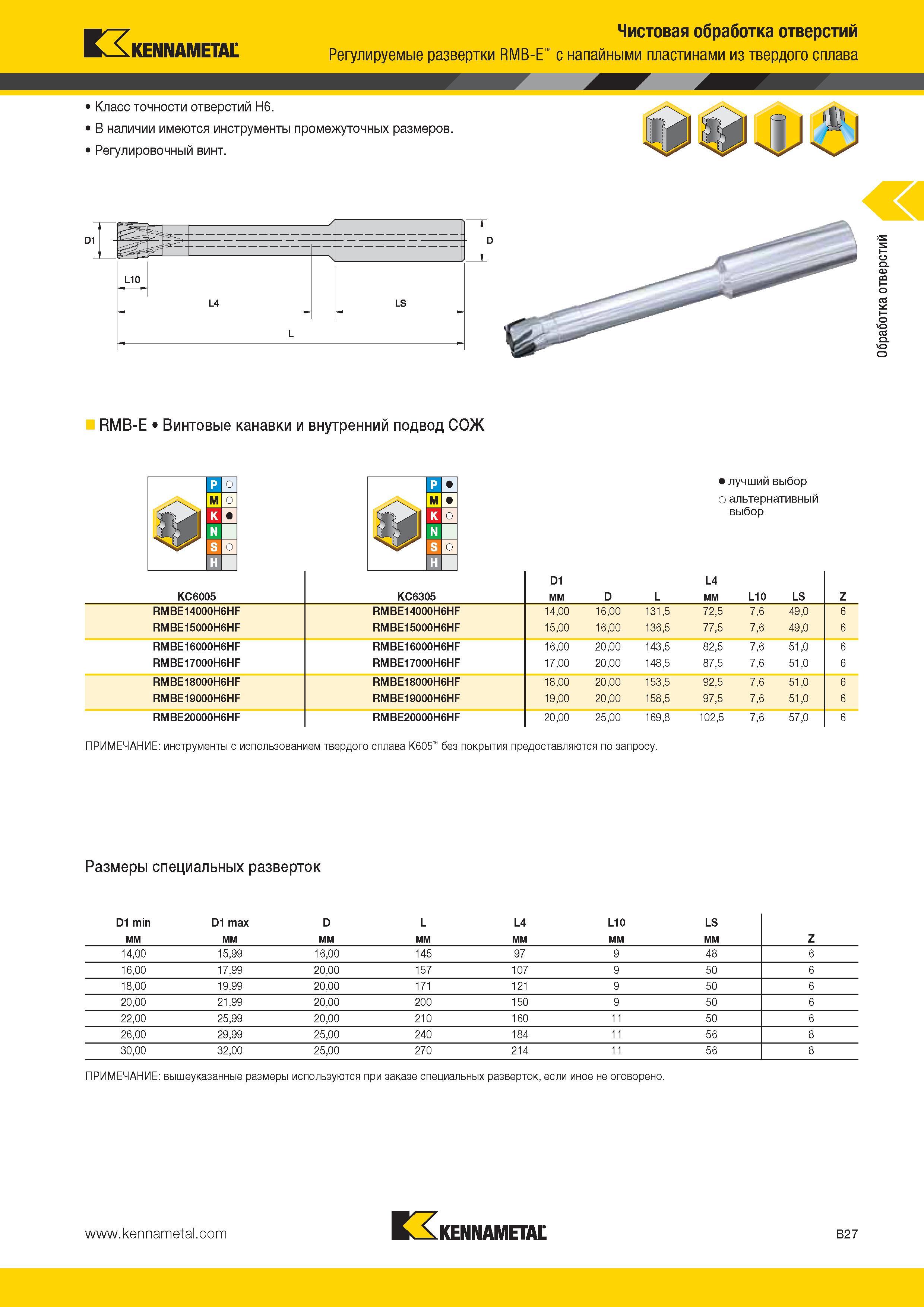 321 Kennametal Чистовая обработка отверстий Регулируемые развертки RMB-E с напайными пластинами из твердого сплава Класс точности отверстий H6 В наличии им Каталог KENNAMETAL 2014 Инновации Новый металлорежущий инструмент и инструментальная оснастка для станков и станочных комплексов Стр. B27