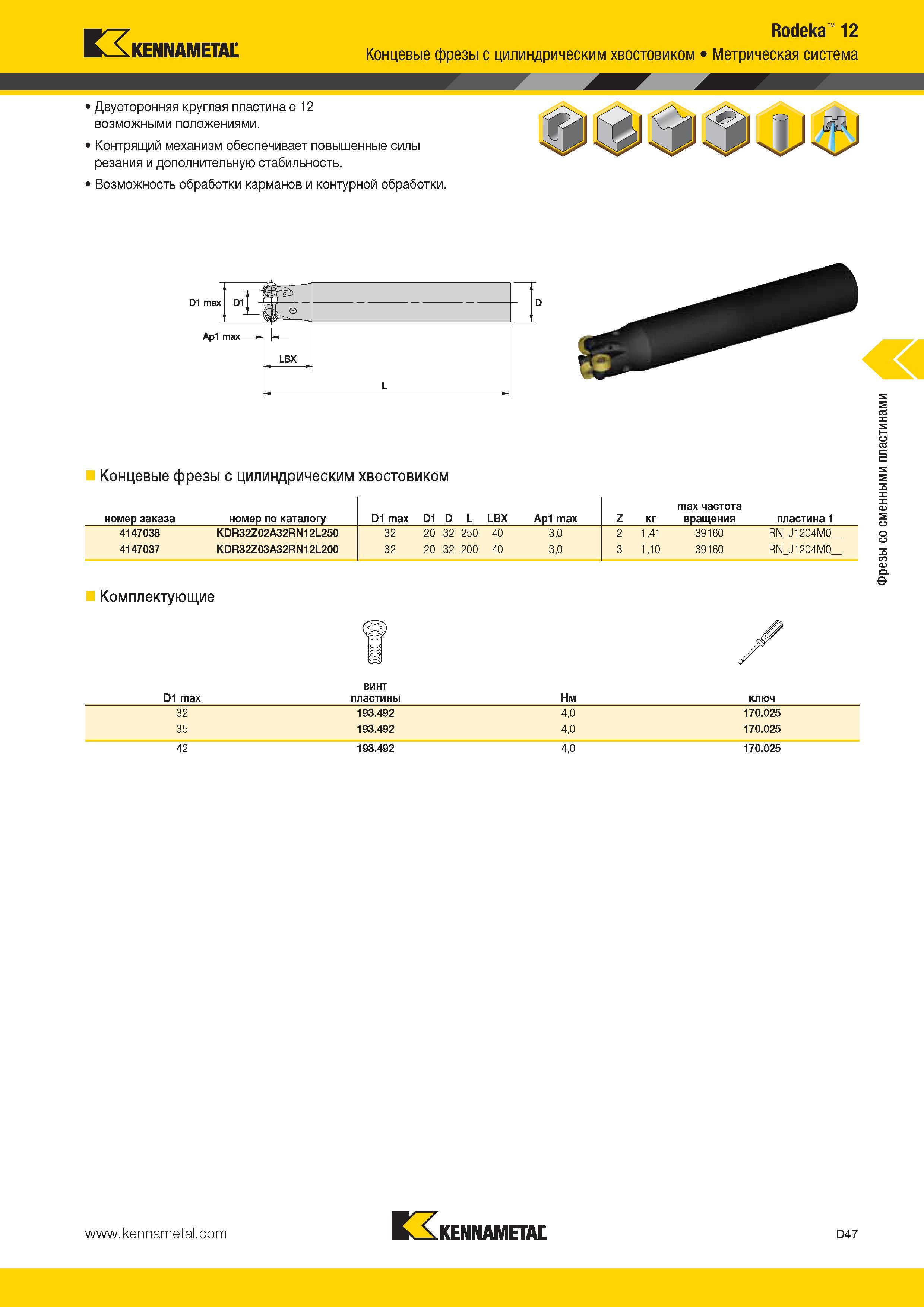 485 Kennametal Rodeka 12 Концевые фрезы с цилиндрическим хвостовиком Метрическая система Двусторонняя круглая пластина с 12 возможными положениями Контрящи Каталог KENNAMETAL 2014 Инновации Новый металлорежущий инструмент и инструментальная оснастка для станков и станочных комплексов Стр. D47