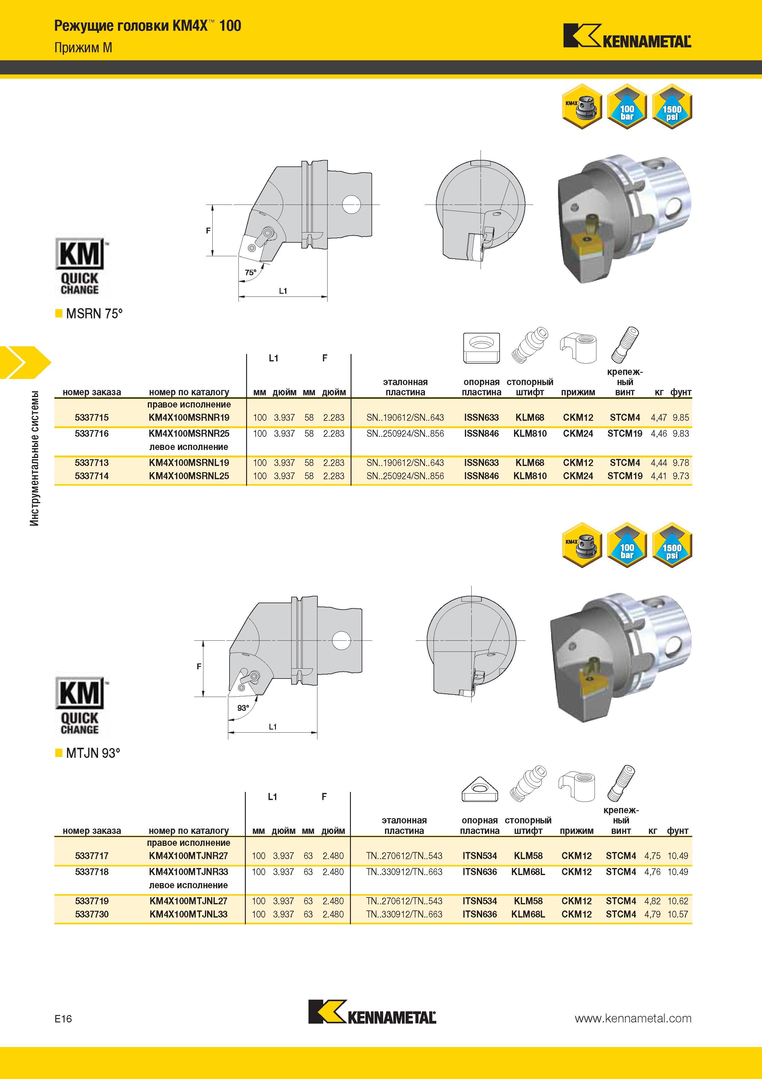528 Инструментальные системы Режущие головки KM4X 100 Прижим M Kennametal км1 QUICK CHANCE MSRN 75° КМ QUICK CHANCE MTJN 93° L1 F номер заказа номер по кат Каталог KENNAMETAL 2014 Инновации Новый металлорежущий инструмент и инструментальная оснастка для станков и станочных комплексов Стр. E16