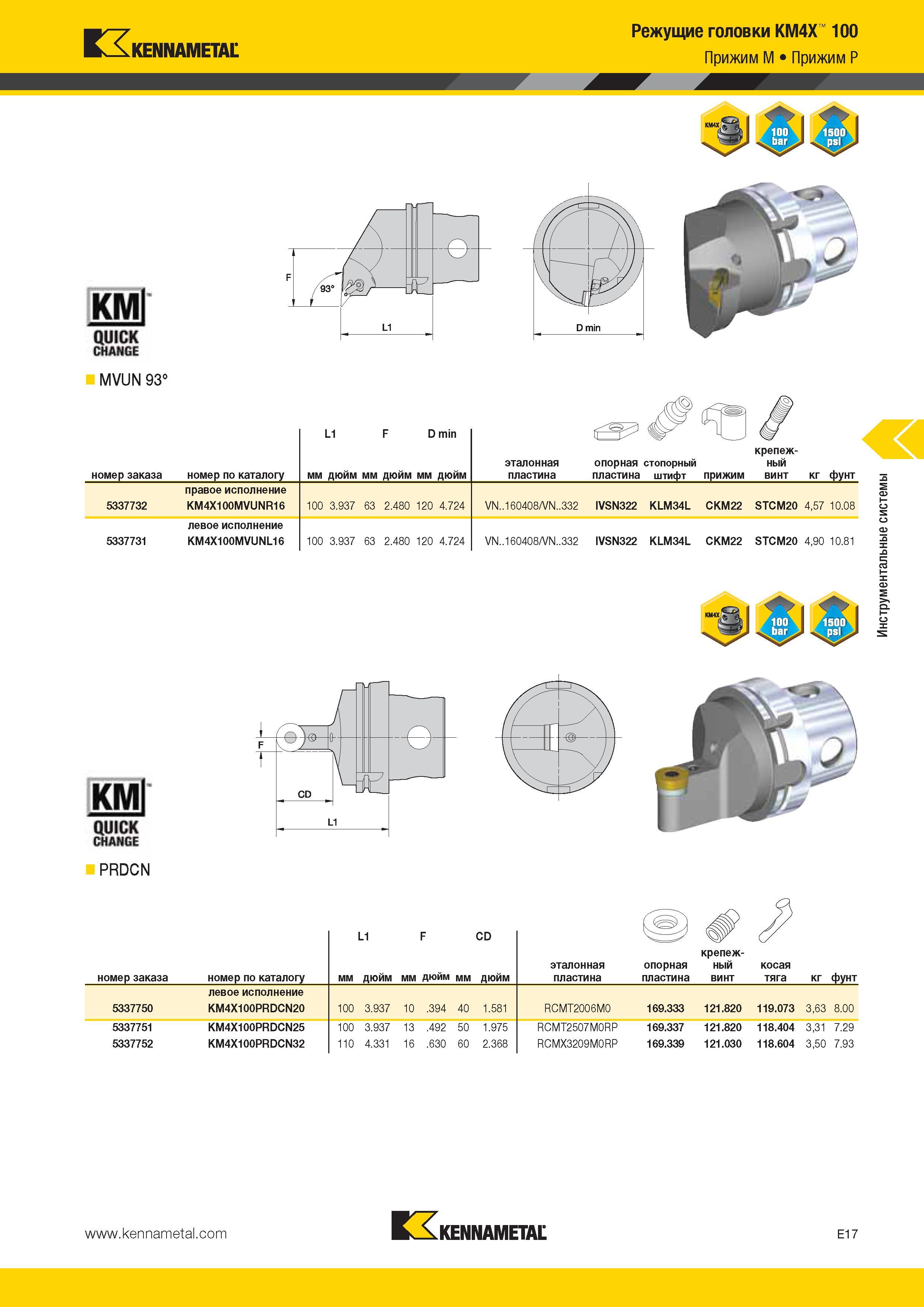 529 Kennametal KMl QUICK CHANGE MVUN 93° Режущие головки KM4X 100 Прижим M Прижим P KMl QUICK CHANGE PRDCN L1 F CD номер заказа номер по каталогу мм дюйм л Каталог KENNAMETAL 2014 Инновации Новый металлорежущий инструмент и инструментальная оснастка для станков и станочных комплексов Стр. E17