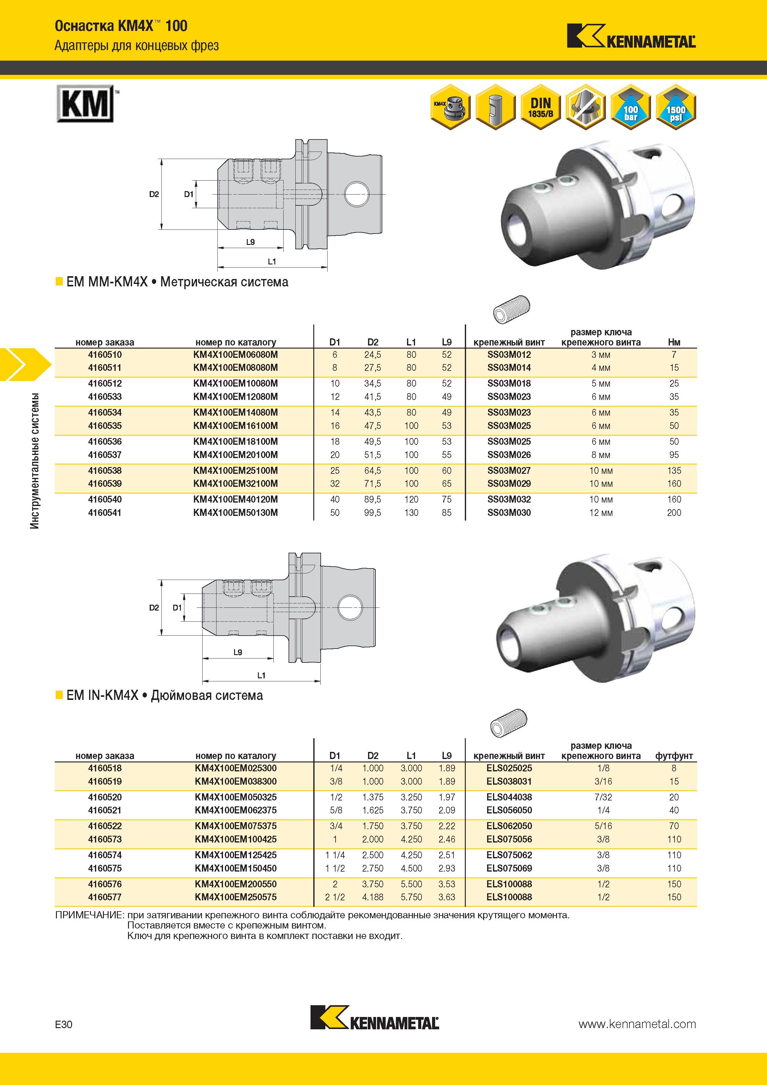 542 Инструментальные системы Оснастка KM4X 100 Адаптеры для концевых фре Kennametal КМ EM MM-KM4X Метрическая система номер заказа номер по каталогу D1 D2 Каталог KENNAMETAL 2014 Инновации Новый металлорежущий инструмент и инструментальная оснастка для станков и станочных комплексов Стр. E30