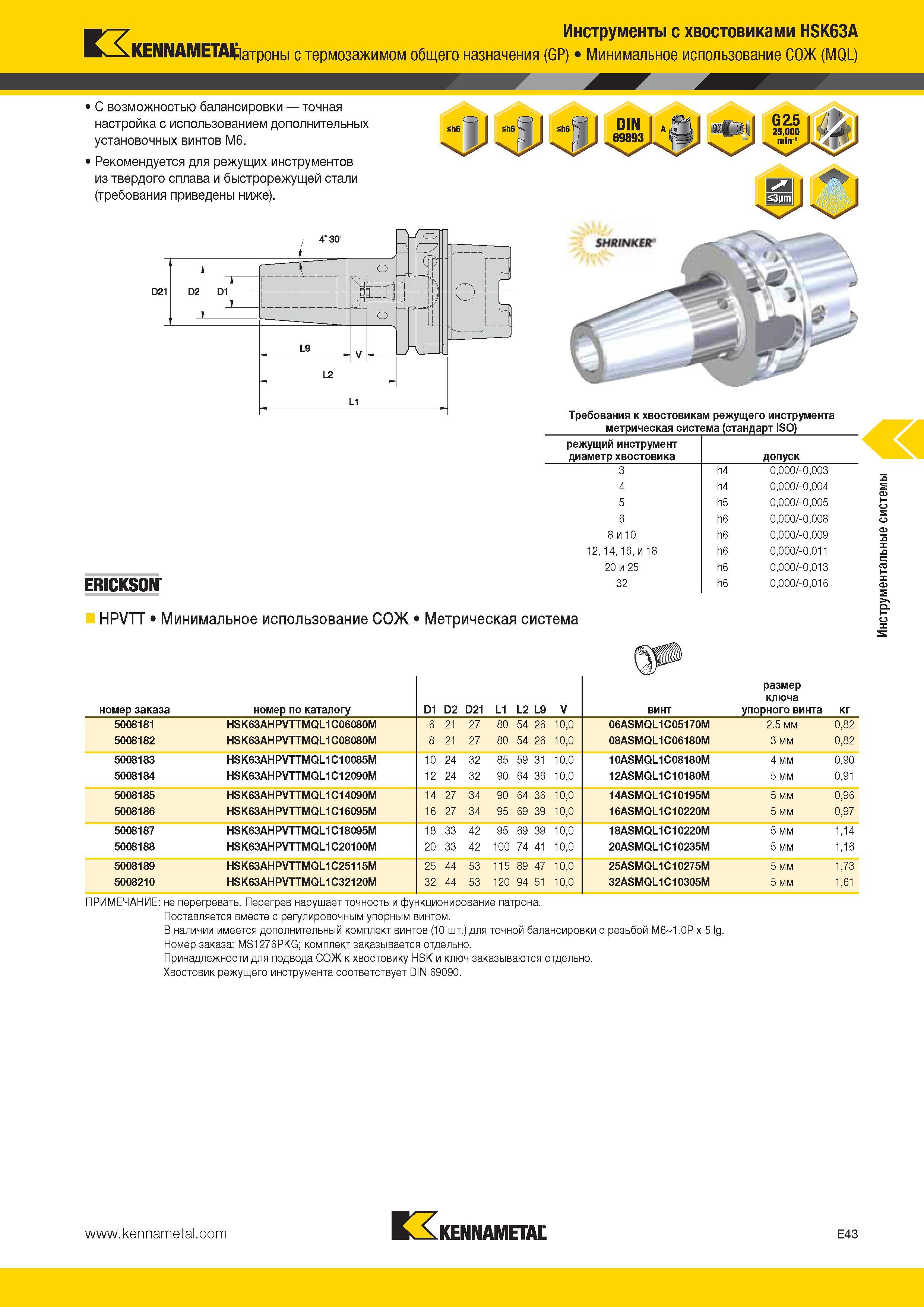555 3 Инструменты с хвостовиками HSK63A ШШМЕИИПатроны с термозажимом общего назначения (GP) Минимальное использование СОЖ (MQL) 1 С возможностью балансиров Каталог KENNAMETAL 2014 Инновации Новый металлорежущий инструмент и инструментальная оснастка для станков и станочных комплексов Стр. E43