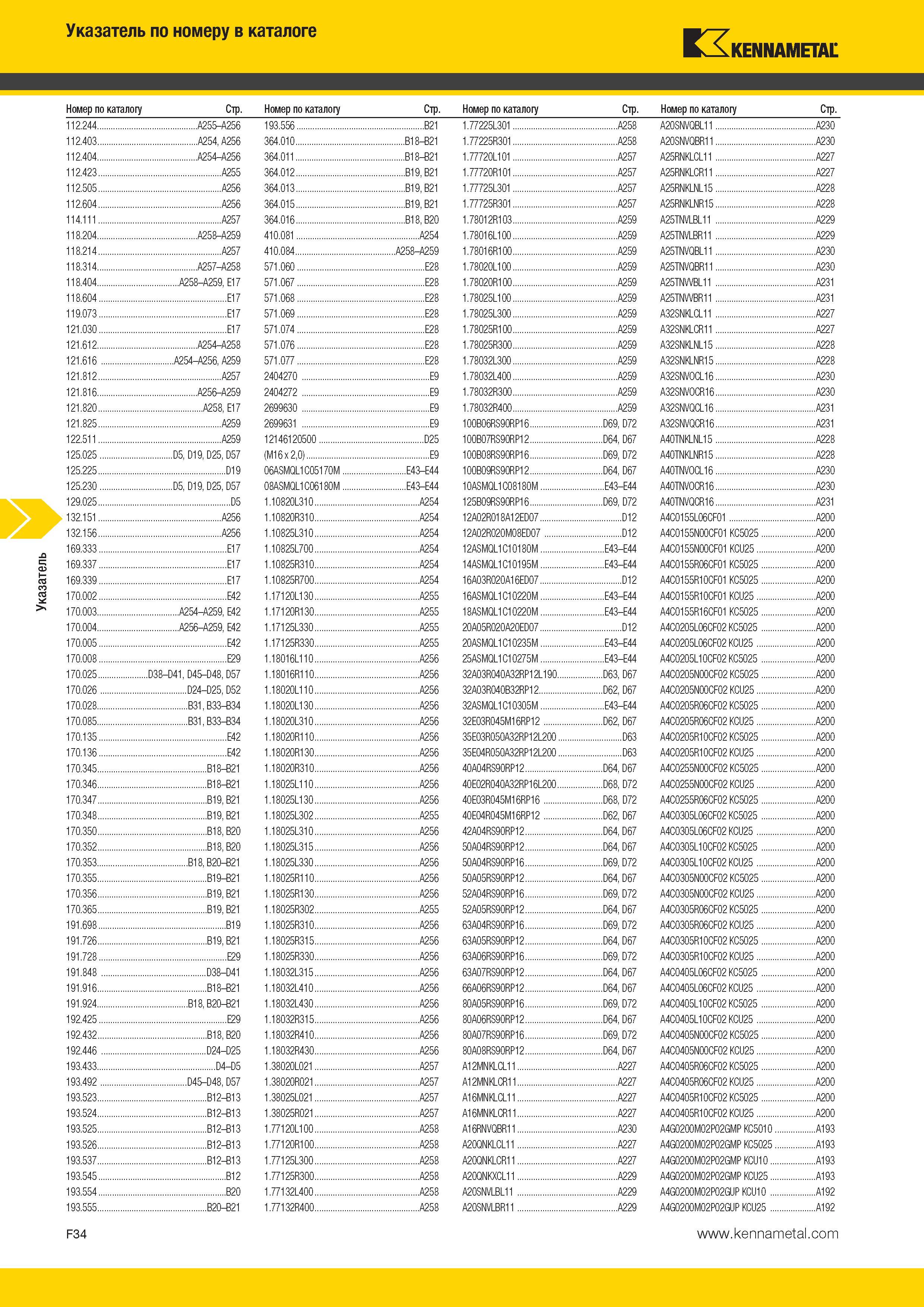 590 Указатель Указатель по номеру в каталоге Kennametal Номер по каталогу Стр Номер по каталогу Стр Номер по каталогу Стр Номер по каталогу Стр 112 244 A25 Каталог KENNAMETAL 2014 Инновации Новый металлорежущий инструмент и инструментальная оснастка для станков и станочных комплексов Стр. F34