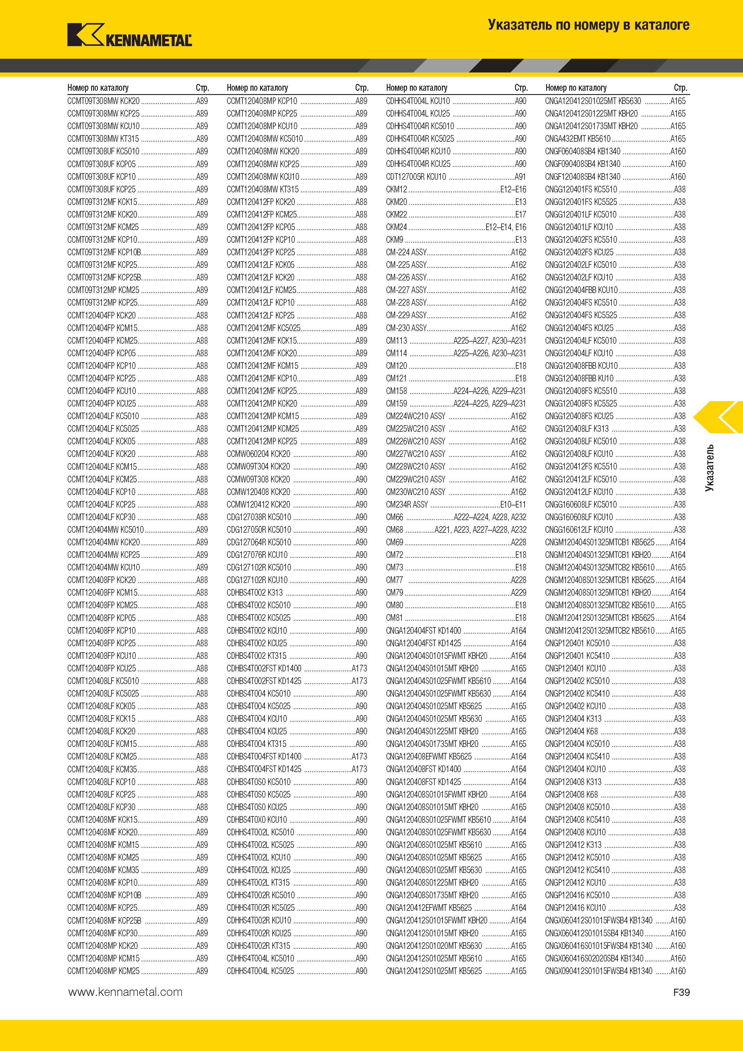 595 -7 Указатель по номеру в каталоге Kennametal V Номер по каталогу Стр Номер по каталогу Стр Номер по каталогу Стр Номер по каталогу Стр CCMT09T308MW KCK Каталог KENNAMETAL 2014 Инновации Новый металлорежущий инструмент и инструментальная оснастка для станков и станочных комплексов Стр. F39