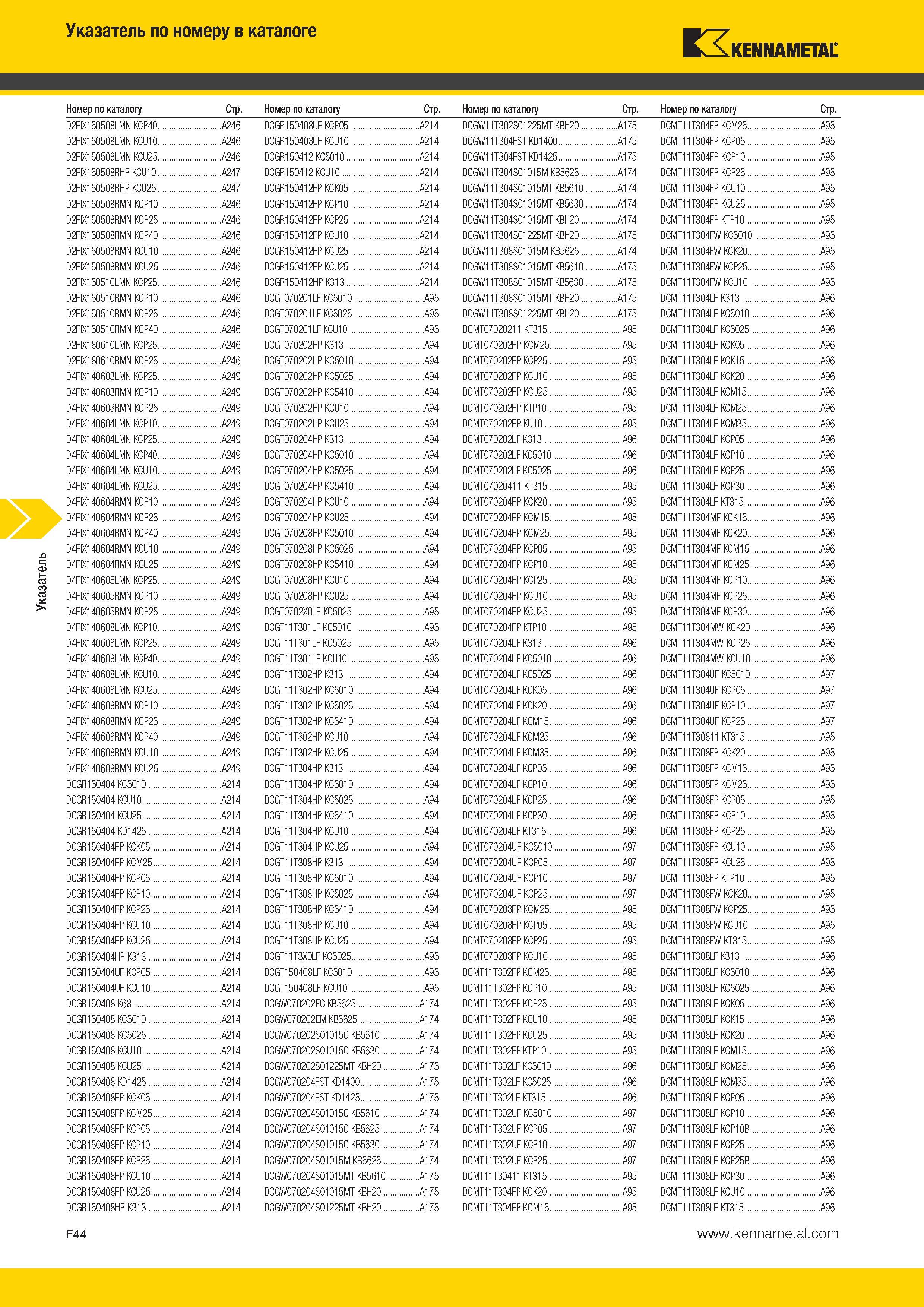 600 Указатель Указатель по номеру в каталоге Kennametal Номер по каталогу Стр Номер по каталогу Стр Номер по каталогу Стр Номер по каталогу Стр D2FIX150508 Каталог KENNAMETAL 2014 Инновации Новый металлорежущий инструмент и инструментальная оснастка для станков и станочных комплексов Стр. F44