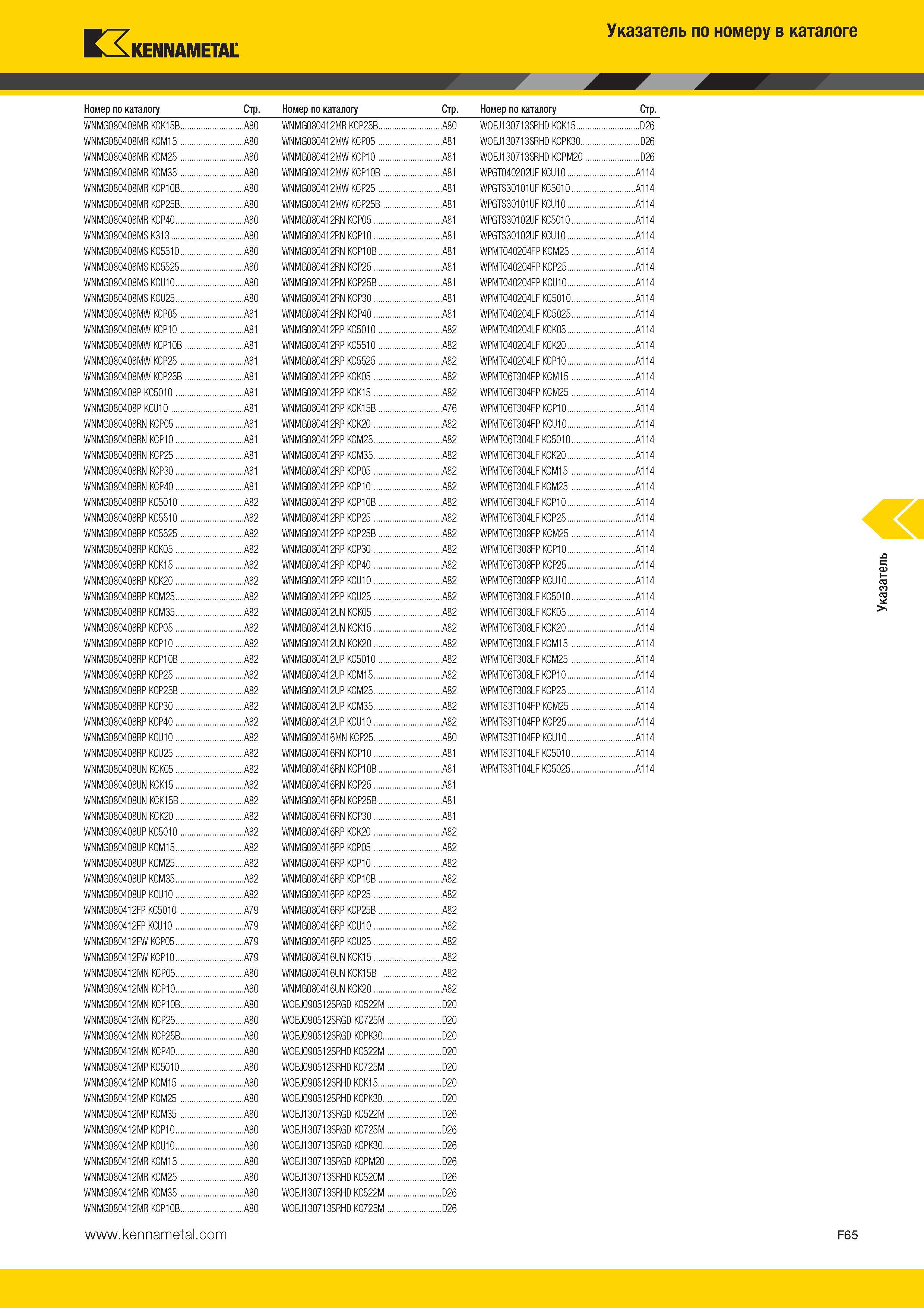 621 Указатель по номеру в каталоге Kennametal Номер по каталогу Стр Номер по каталогу WNMG080408MR KCK15B A80 WNMG080408MR KCM15 WNMG080408MR KCM25 WNMG080 Каталог KENNAMETAL 2014 Инновации Новый металлорежущий инструмент и инструментальная оснастка для станков и станочных комплексов Стр. F65