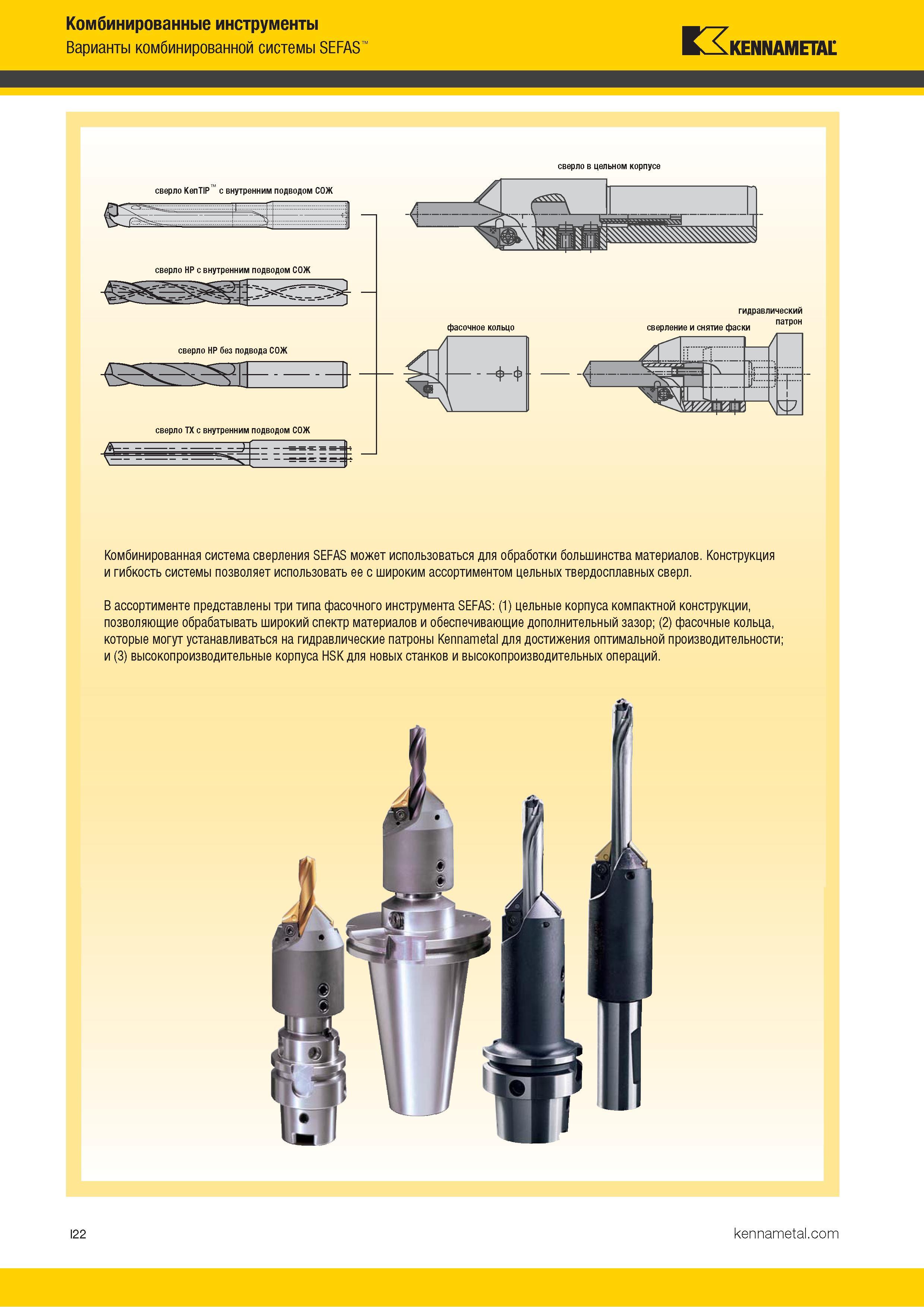 318 Комбинированная инструментальная система сверления Kennametal SEFAS может использоваться для обработки большинства обрабатываемых материалов Каталог KENNAMETAL 2018 Режущий инструмент для обработки отверстий в металлах и сплавах Быстрорежущие метчики и раскатники Сборные фрезы с СРП и твердосплавные Стр. I22