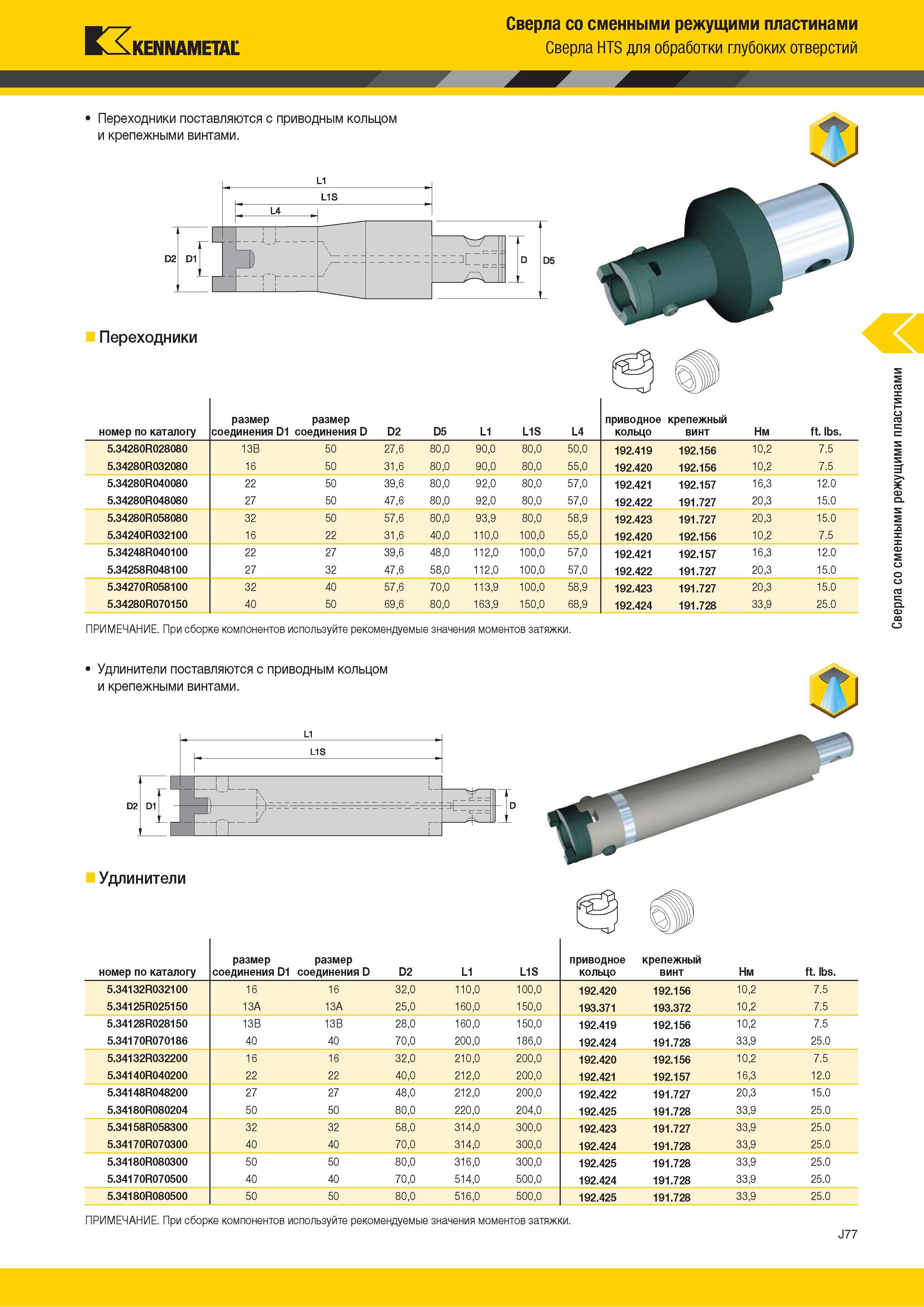 401 Kennametal Сверла со сменными режущими пластинами Сверла HTS для сверления глубоких отверстий Переходники поставляются с приводным кольцом и крепежны Каталог KENNAMETAL 2018 Режущий инструмент для обработки отверстий в металлах и сплавах Быстрорежущие метчики и раскатники Сборные фрезы с СРП и твердосплавные Стр. J77