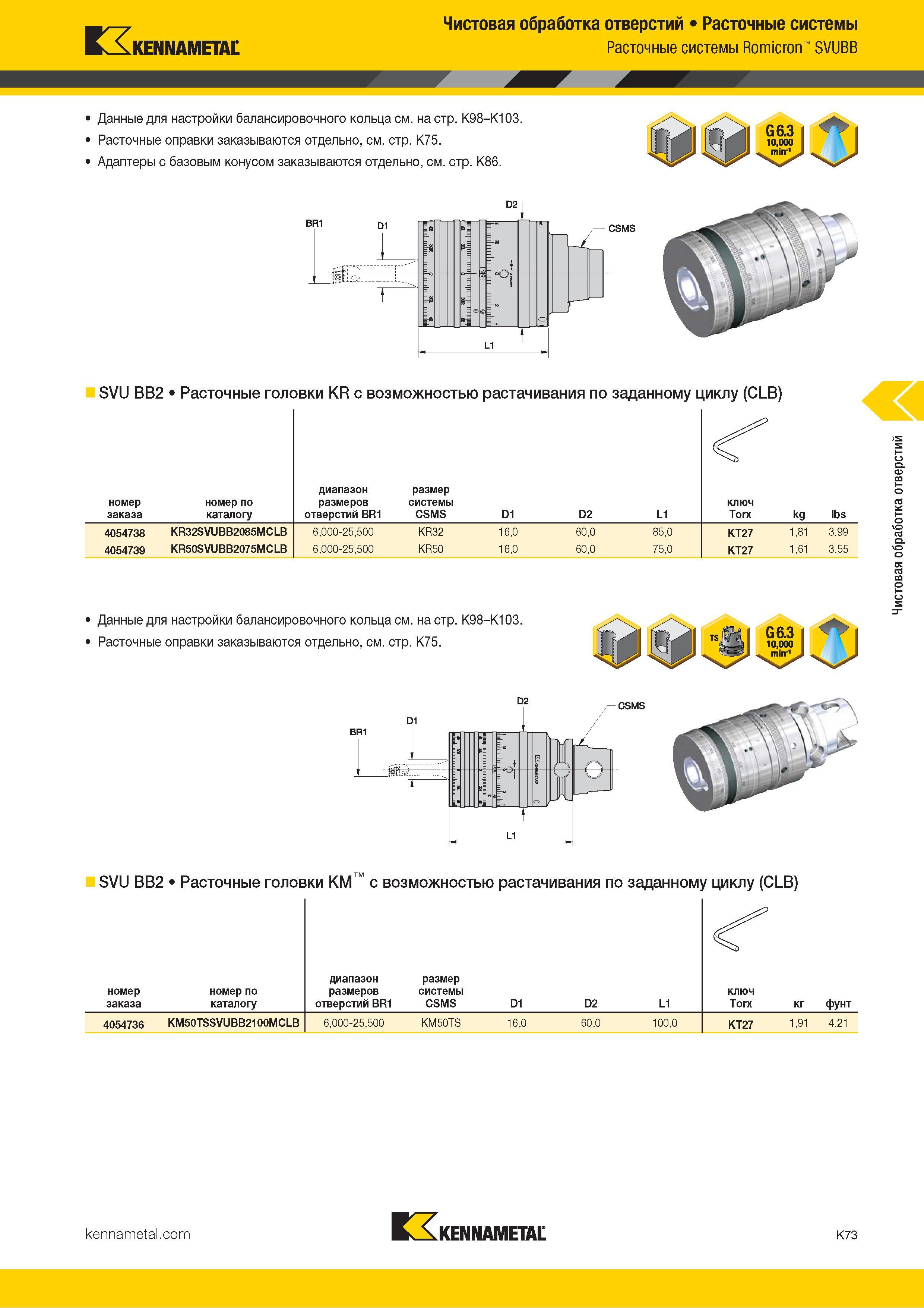 499 Kennametal Чистовая обработка отверстий Расточные системы Расточные системы Romicron SVUBB Данные для настройки балансировочного кольца см на стр K98 Каталог KENNAMETAL 2018 Режущий инструмент для обработки отверстий в металлах и сплавах Быстрорежущие метчики и раскатники Сборные фрезы с СРП и твердосплавные Стр. K73