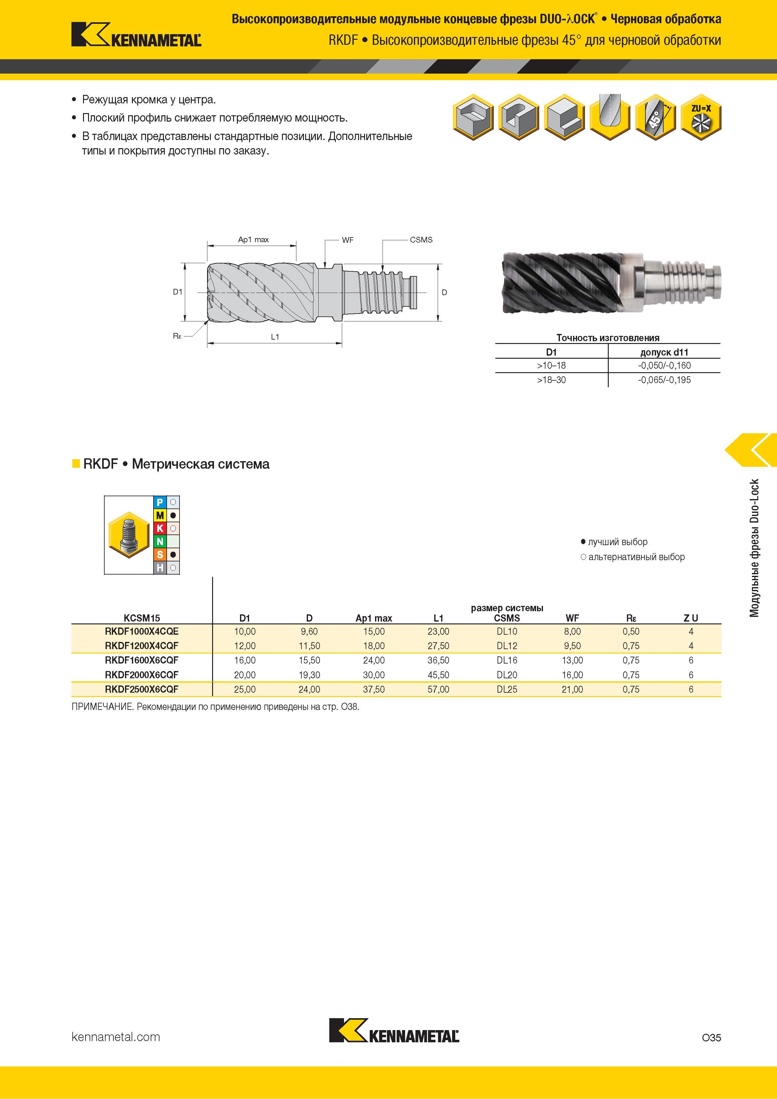 829 Kennametal Высокопроизводительные модульные концевые фрезы DUO- OCK’ Черновая обработка RKDF Высокопроизводительные фрезы 45° для черновой обработки Каталог KENNAMETAL 2018 Режущий инструмент для обработки отверстий в металлах и сплавах Быстрорежущие метчики и раскатники Сборные фрезы с СРП и твердосплавные Стр. O35