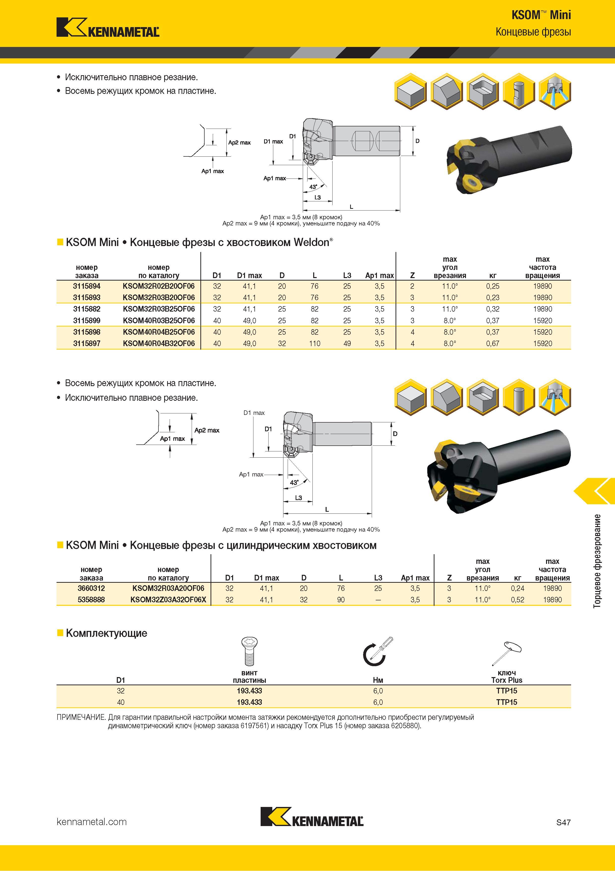 1165 Kennametal KSOM Mini Концевые фрезы Ap1 max = 3,5 мм (8 кромок) Ap2 max = 9 мм (4 кромки), уменьшите подачу на 40% KSOM Mini Концевые фрезы с хвостов Каталог KENNAMETAL 2018 Режущий инструмент для обработки отверстий в металлах и сплавах Быстрорежущие метчики и раскатники Сборные фрезы с СРП и твердосплавные Стр. S47
