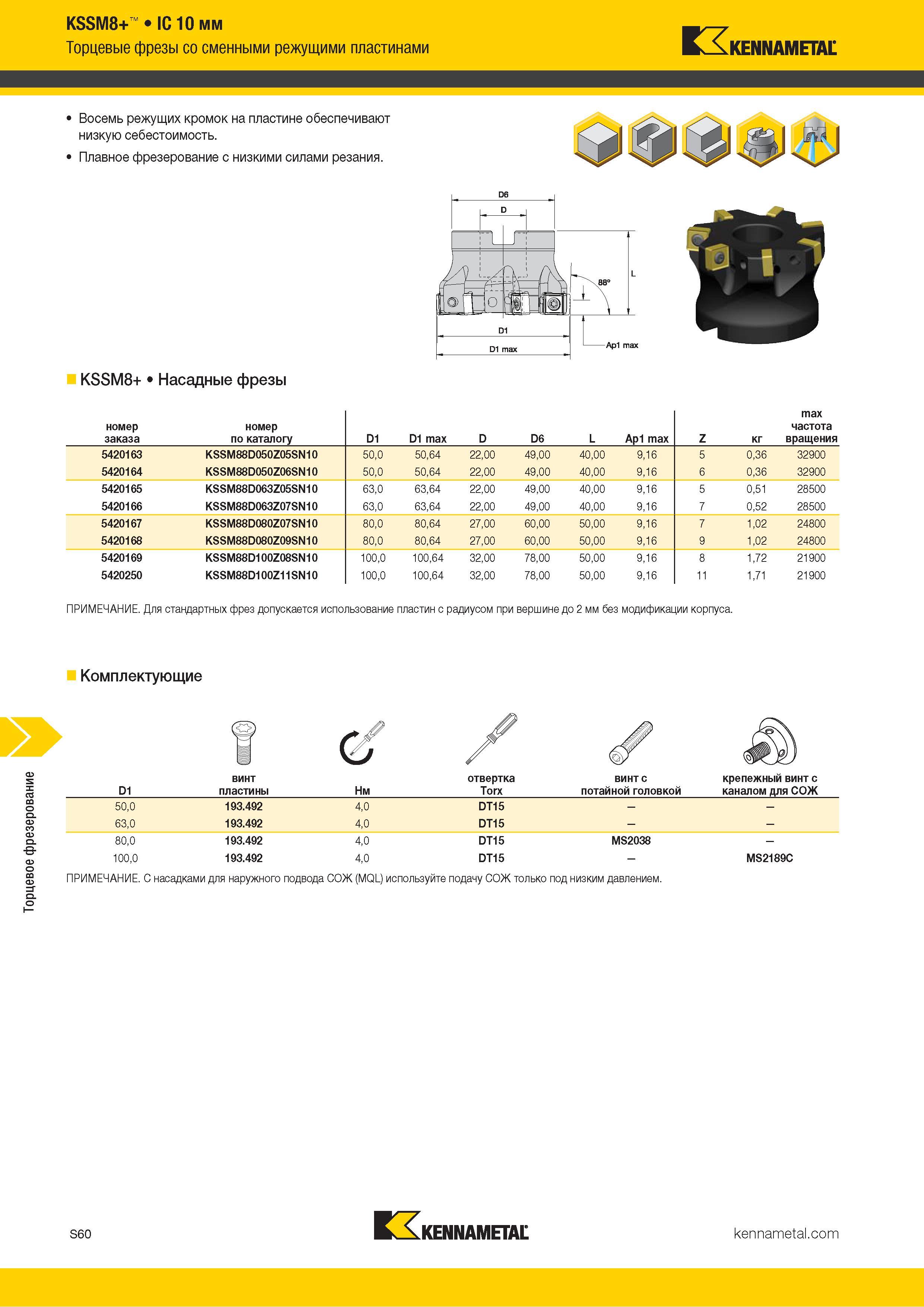 1178 Торцевое фрезерование KSSM8+ IC10 мм Торцевые фрезы со сменными режущими пластинами Kennametal Восемь режущих кромок на пластине обеспечивают низкую Каталог KENNAMETAL 2018 Режущий инструмент для обработки отверстий в металлах и сплавах Быстрорежущие метчики и раскатники Сборные фрезы с СРП и твердосплавные Стр. S60