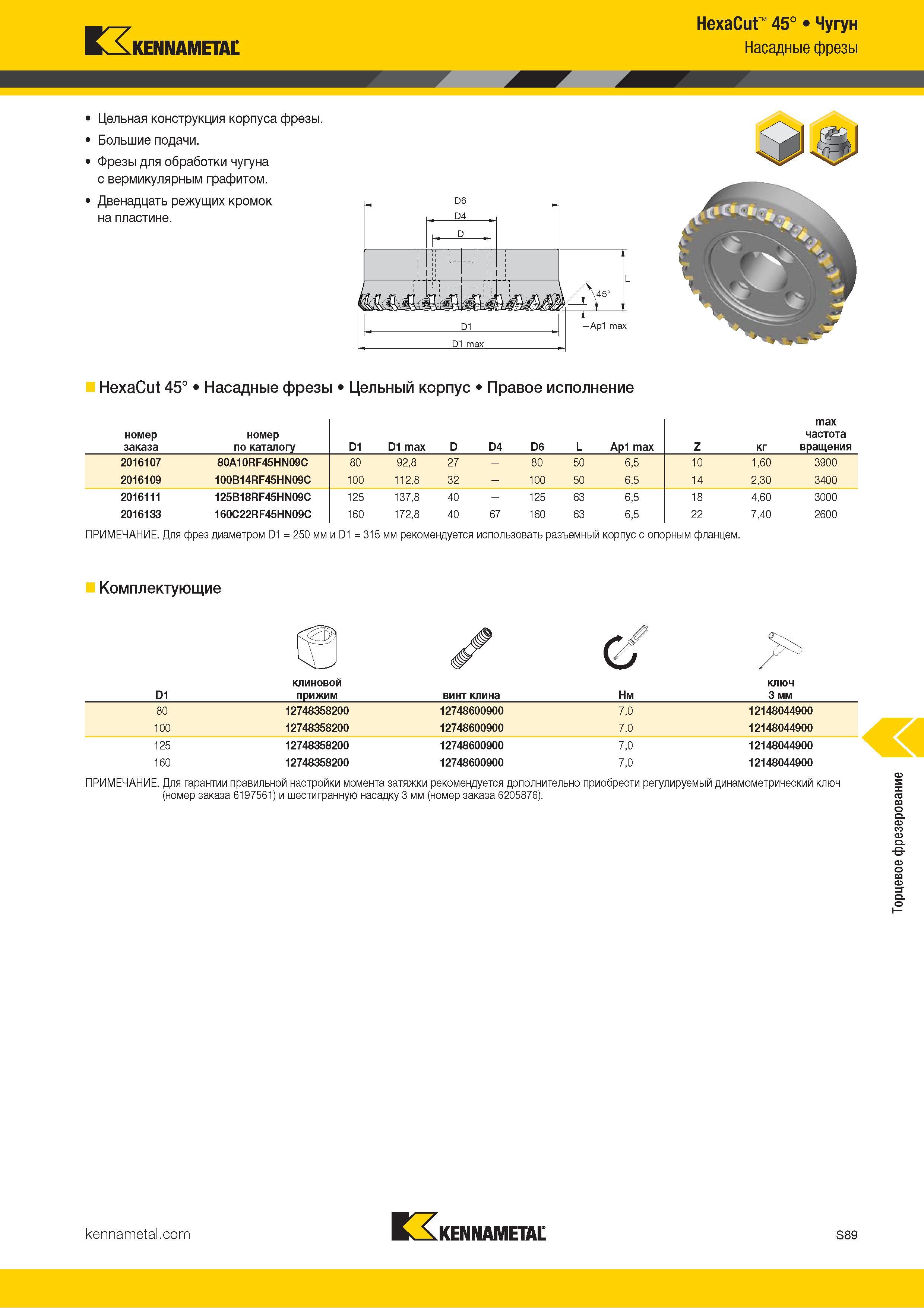 1207 Kennametal HexaCut 45° Чугун Насадные фрезы Цельная конструкция корпуса фрезы Большие подачи Фрезы для обработки чугуна с вермикулярным графитом Двен Каталог KENNAMETAL 2018 Режущий инструмент для обработки отверстий в металлах и сплавах Быстрорежущие метчики и раскатники Сборные фрезы с СРП и твердосплавные Стр. S89