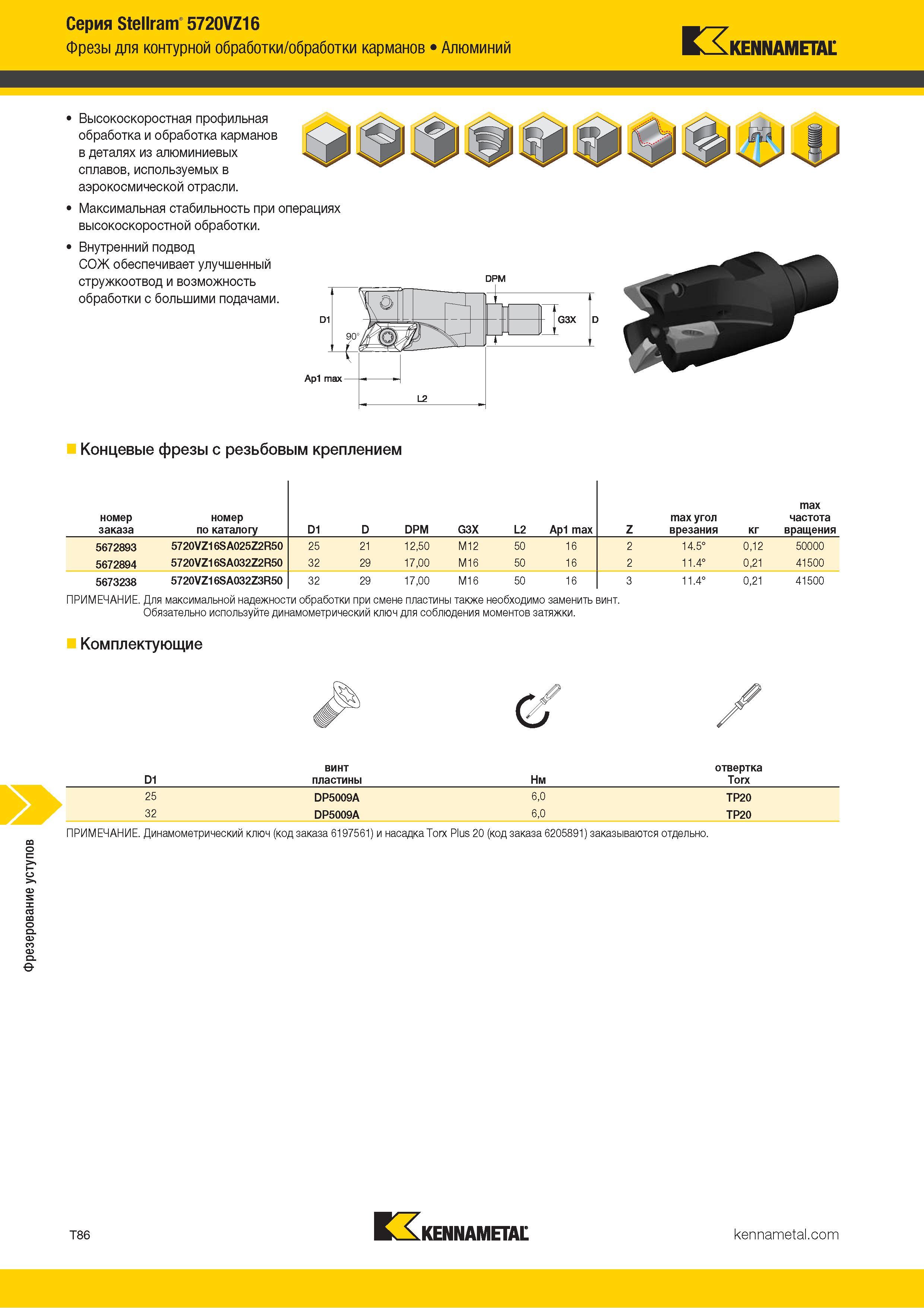 1356 Фрезерование уступов Серия Stellram 5720VZ16 Фрезы для контурной обработки/обработки карманов Алюминий Kennametal Высокоскоростная профильная обработ Каталог KENNAMETAL 2018 Режущий инструмент для обработки отверстий в металлах и сплавах Быстрорежущие метчики и раскатники Сборные фрезы с СРП и твердосплавные Стр. T86