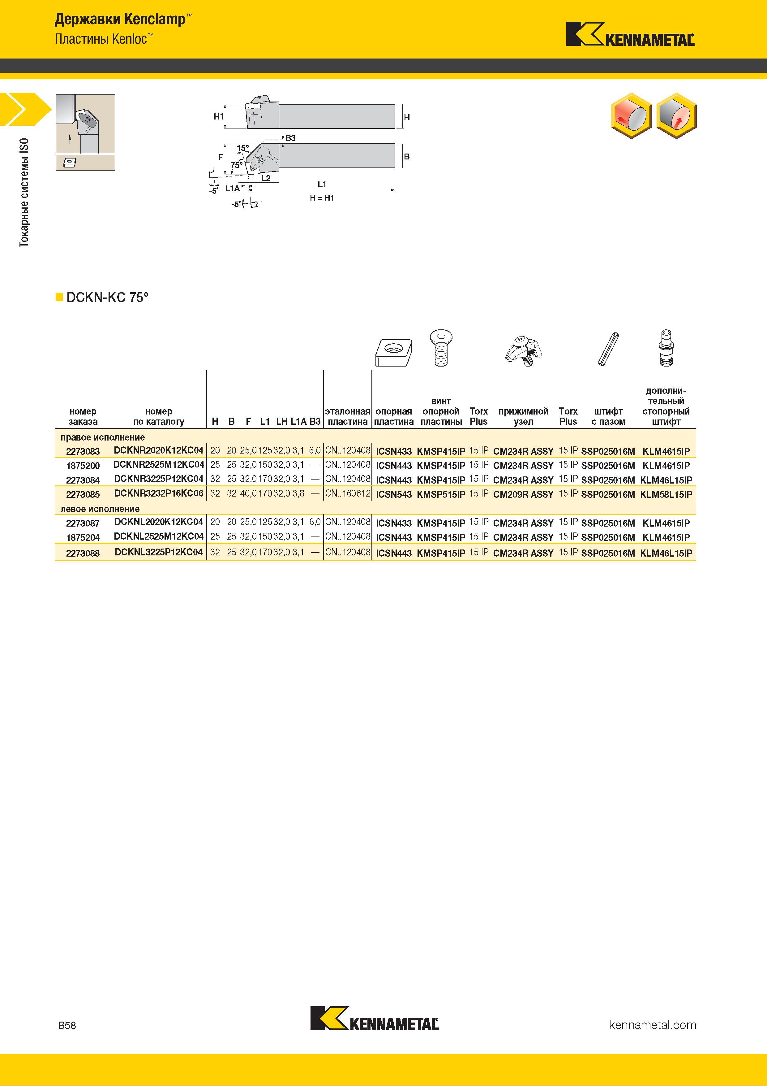 80 Токарные системы ISO Державки Kenclamp Пластины Kenloc KENNAMETAL DCKN-KC 75° B58 Kennametal Каталог KENNAMETAL 2018 Инструмент токарный Резцы и державки с режущими сменными пластинами для наружного точения и внутреннего растачивания на станках Стр. B58