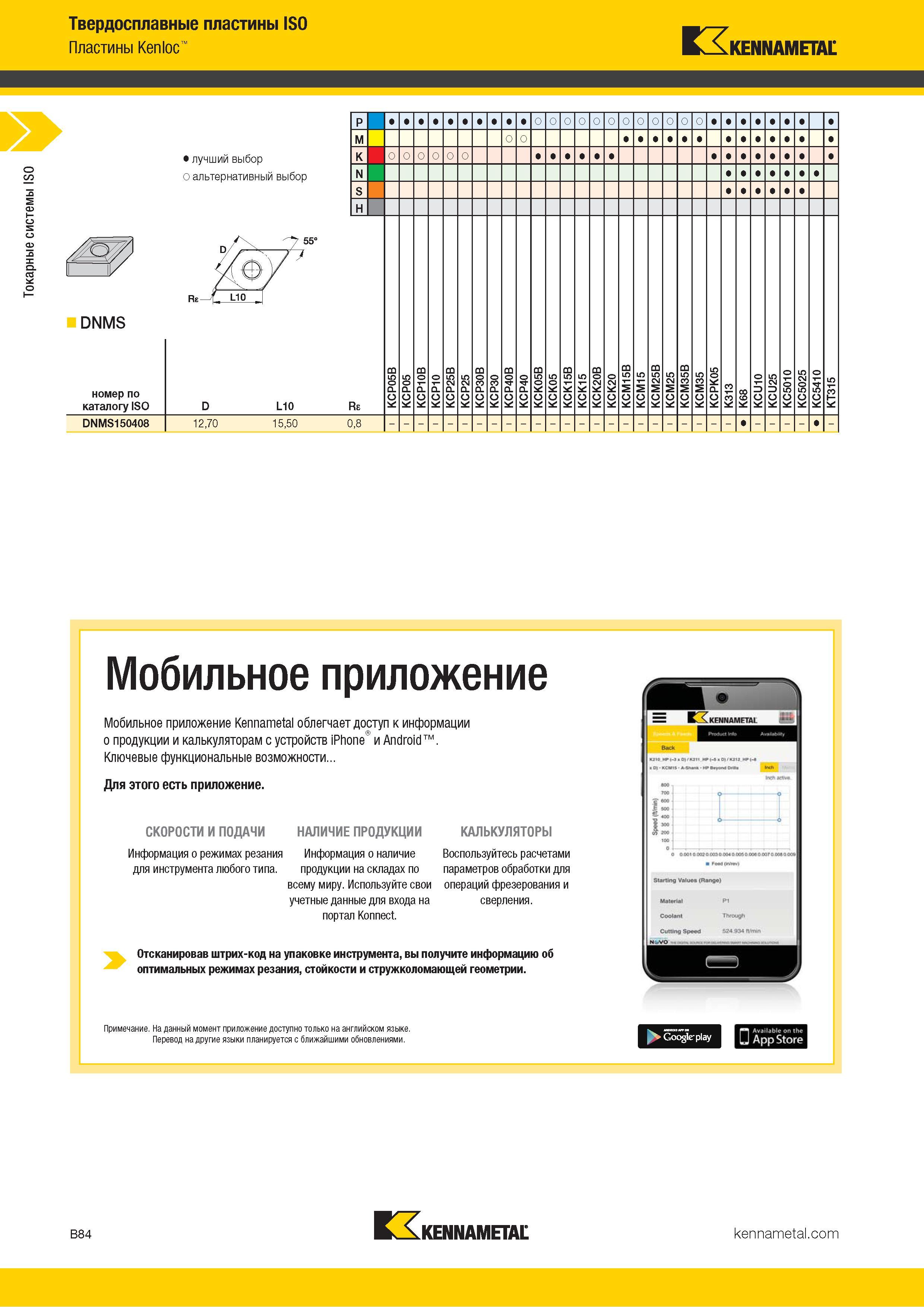 106 Токарные системы ISO Твердосплавные пластины ISO Пластины Kenloc KENNAMETAL Лучший и альтернативный выбор DNMS номер по каталогу ISO L10 Re Q О DNMS15 Каталог KENNAMETAL 2018 Инструмент токарный Резцы и державки с режущими сменными пластинами для наружного точения и внутреннего растачивания на станках Стр. B84