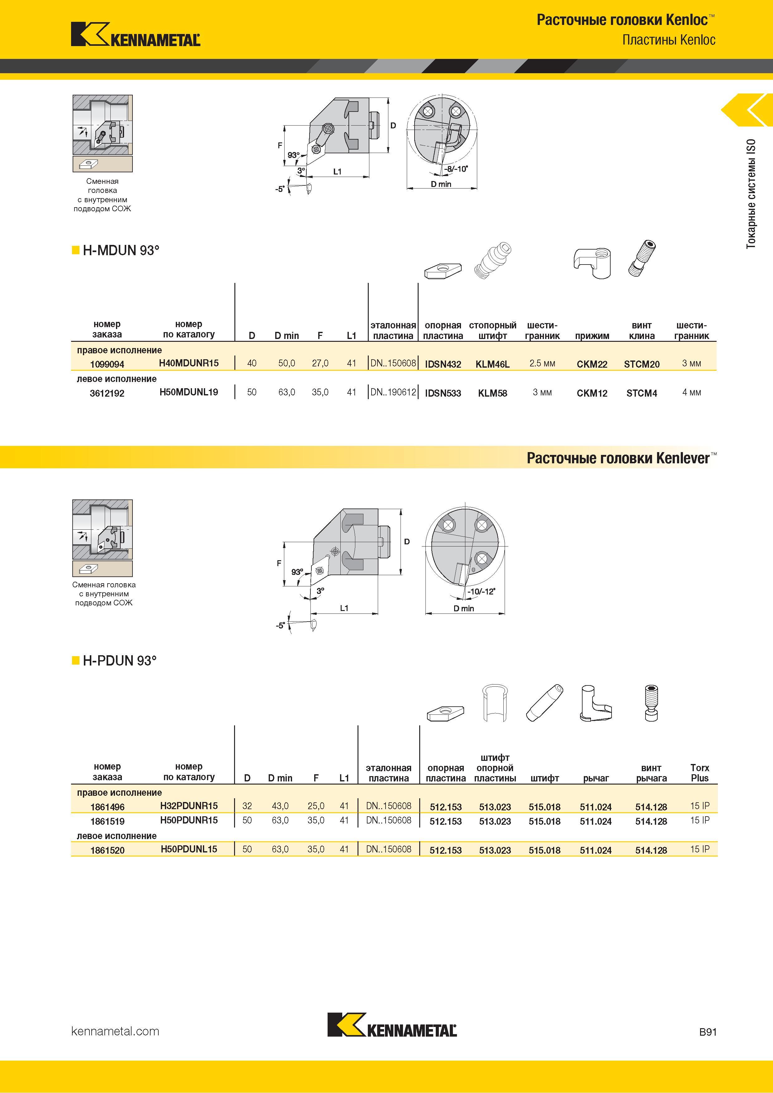 113 Kennametal Расточные головки Kenloc Пластины Kenloc Сменная головка с внутренним подводом СОЖ Номер заказа по каталогу D D min F L1 эталонная пластина опорная пластина стопорный штифт шести- гранник прижим винт клина шести- гранник правое исполнение 10990 Каталог KENNAMETAL 2018 Инструмент токарный Резцы и державки с режущими сменными пластинами для наружного точения и внутреннего растачивания на станках Стр. B91
