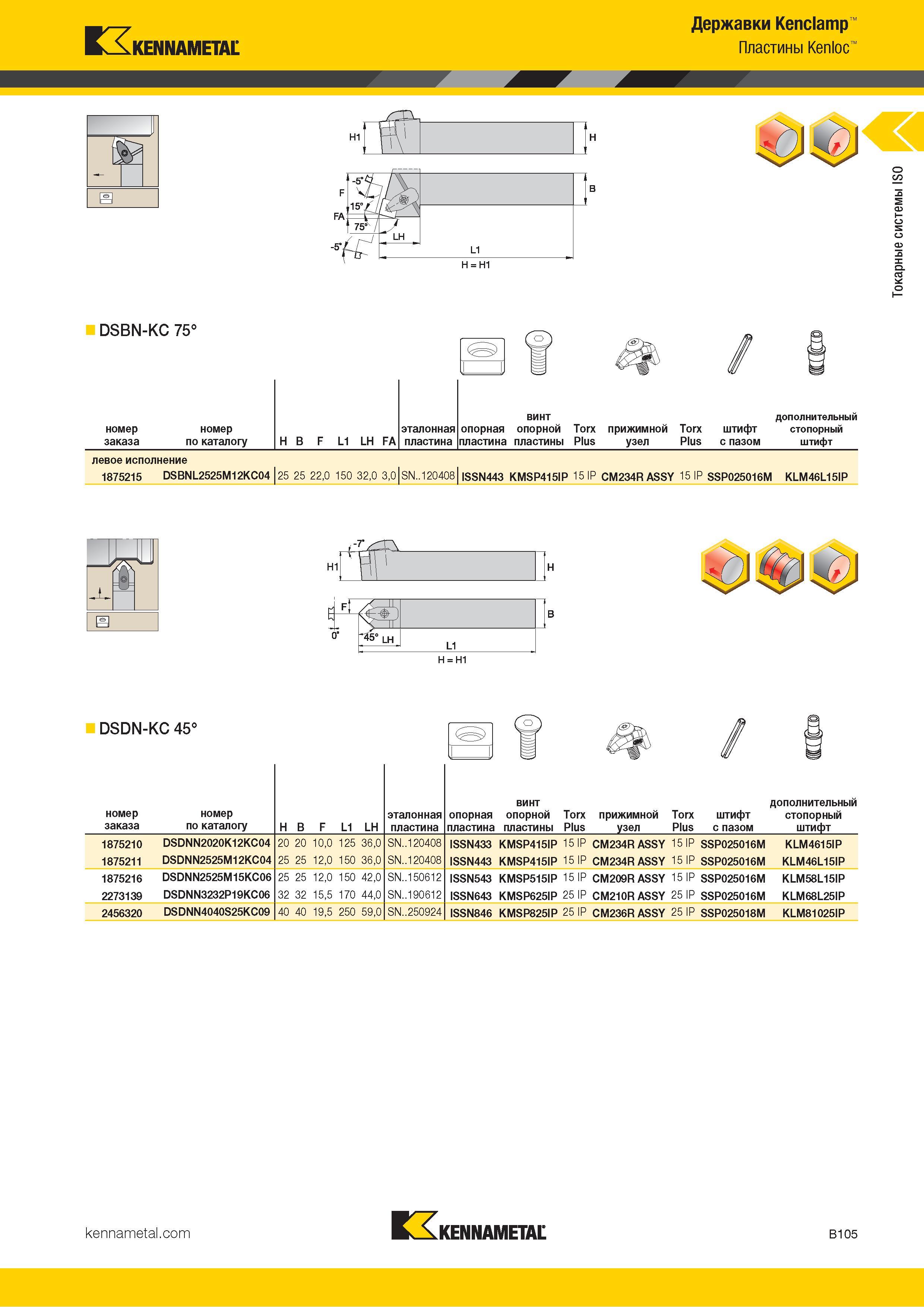 127 Kennametal Н1 Державки Kenclamp Пластины Kenloc DSBN-KC 75° Номер эталонная опорная винт опорной Torx прижимной Torx штифт дополнительный стопорный за Каталог KENNAMETAL 2018 Инструмент токарный Резцы и державки с режущими сменными пластинами для наружного точения и внутреннего растачивания на станках Стр. B105