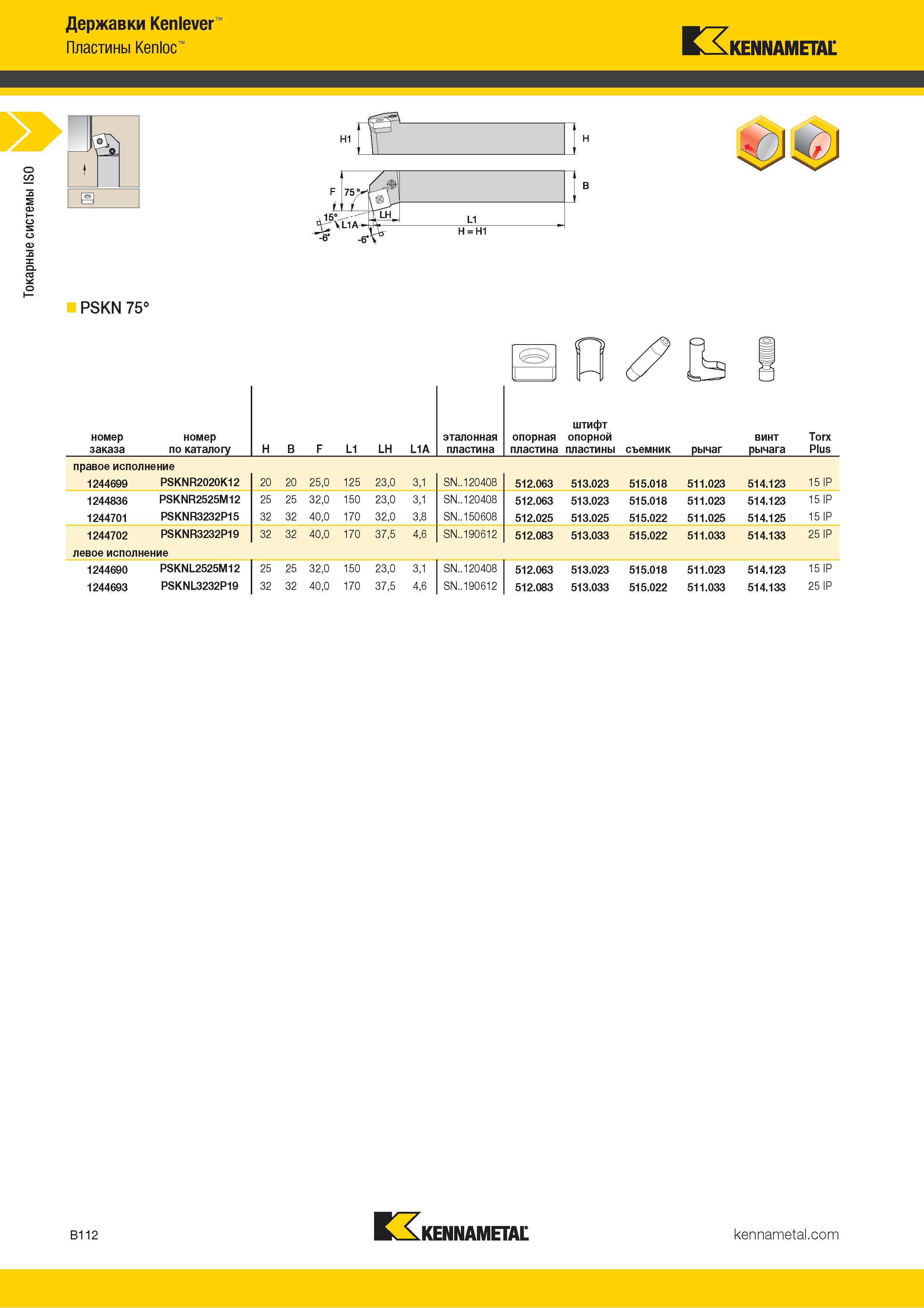 134 Токарные системы ISO Державки Kenlever rnr 7 Пластины Kenloc KENNAMETAL ii F 7 £jl H = H1 PSKN 75° номер заказа номер по каталогу H B F L1 LH L1A этал Каталог KENNAMETAL 2018 Инструмент токарный Резцы и державки с режущими сменными пластинами для наружного точения и внутреннего растачивания на станках Стр. B112